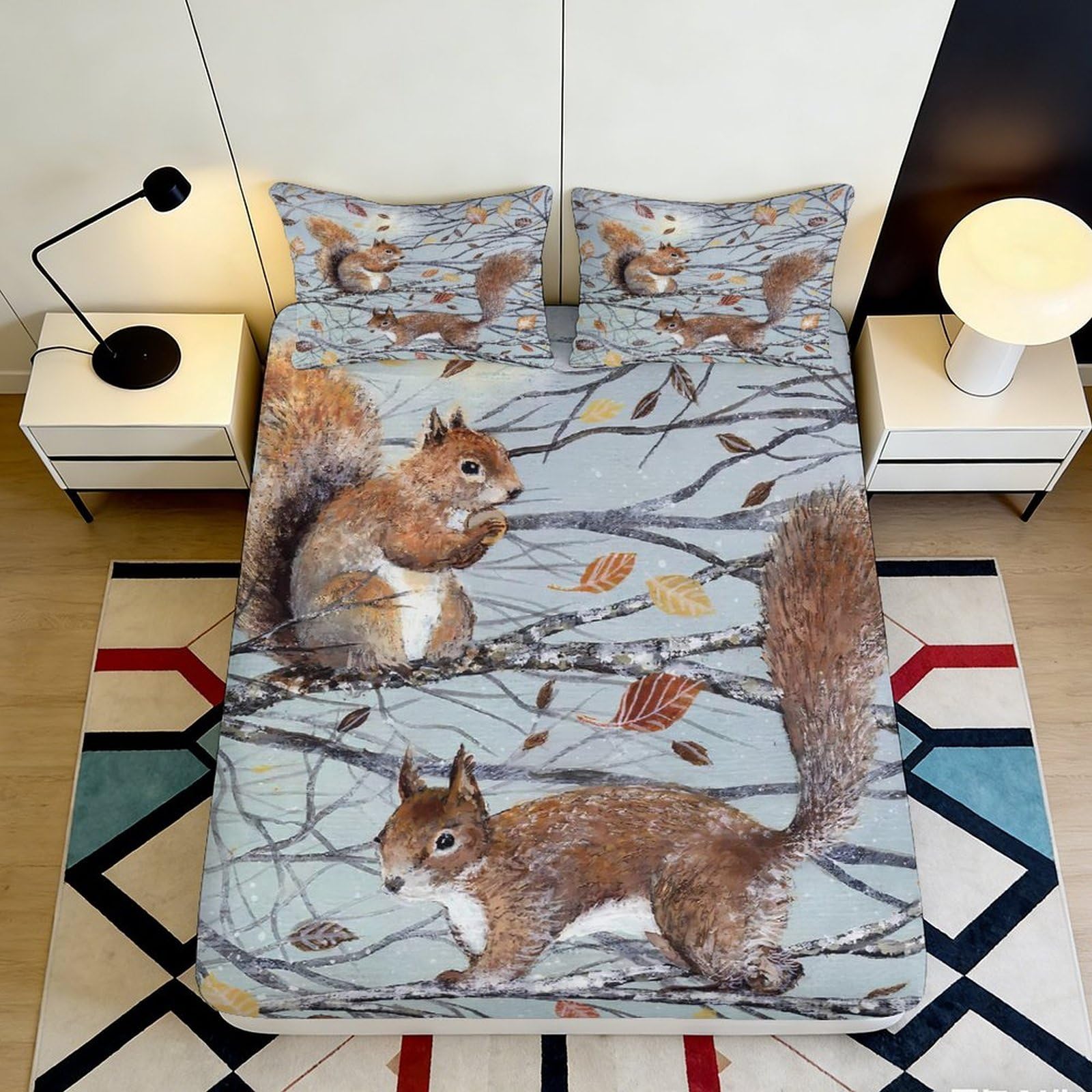 3D Printed Squirrel Autumn Fitted Sheet Microfiber Soft Breathable Woodland Leaves Mattress Cover Bedroom Decor 90x200x25cm