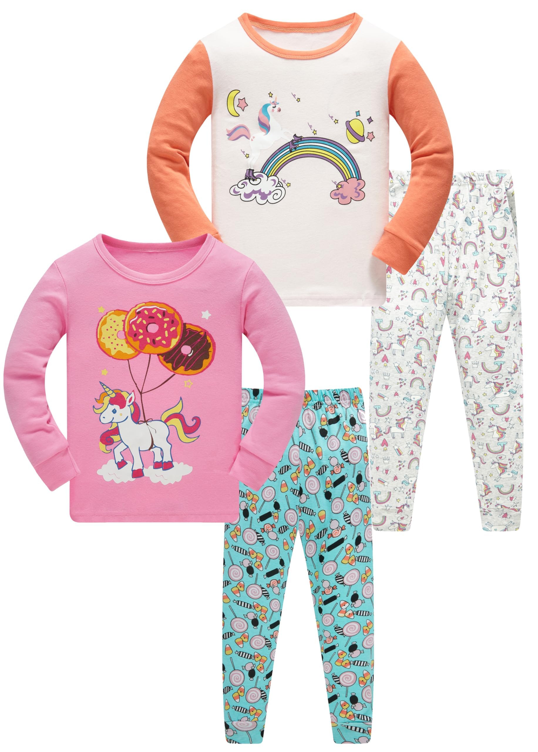 LOLPIP Mädchen Pyjamas 100% Baumwolle Schlafanzug für Kinder Schlafkleidung Langarm 4 Stück Set 1-12 Jahre