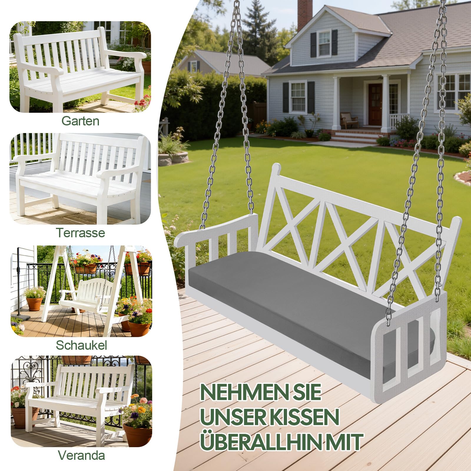 Bankauflage Outdoor 150x50x8 cm Wasserdicht Grau | Abnehmbarer Waschbarer Bezug, Passend für Gartenbank, Schaukel und Innenhof, Sitzkissen für Balkon & Gartenmöbel