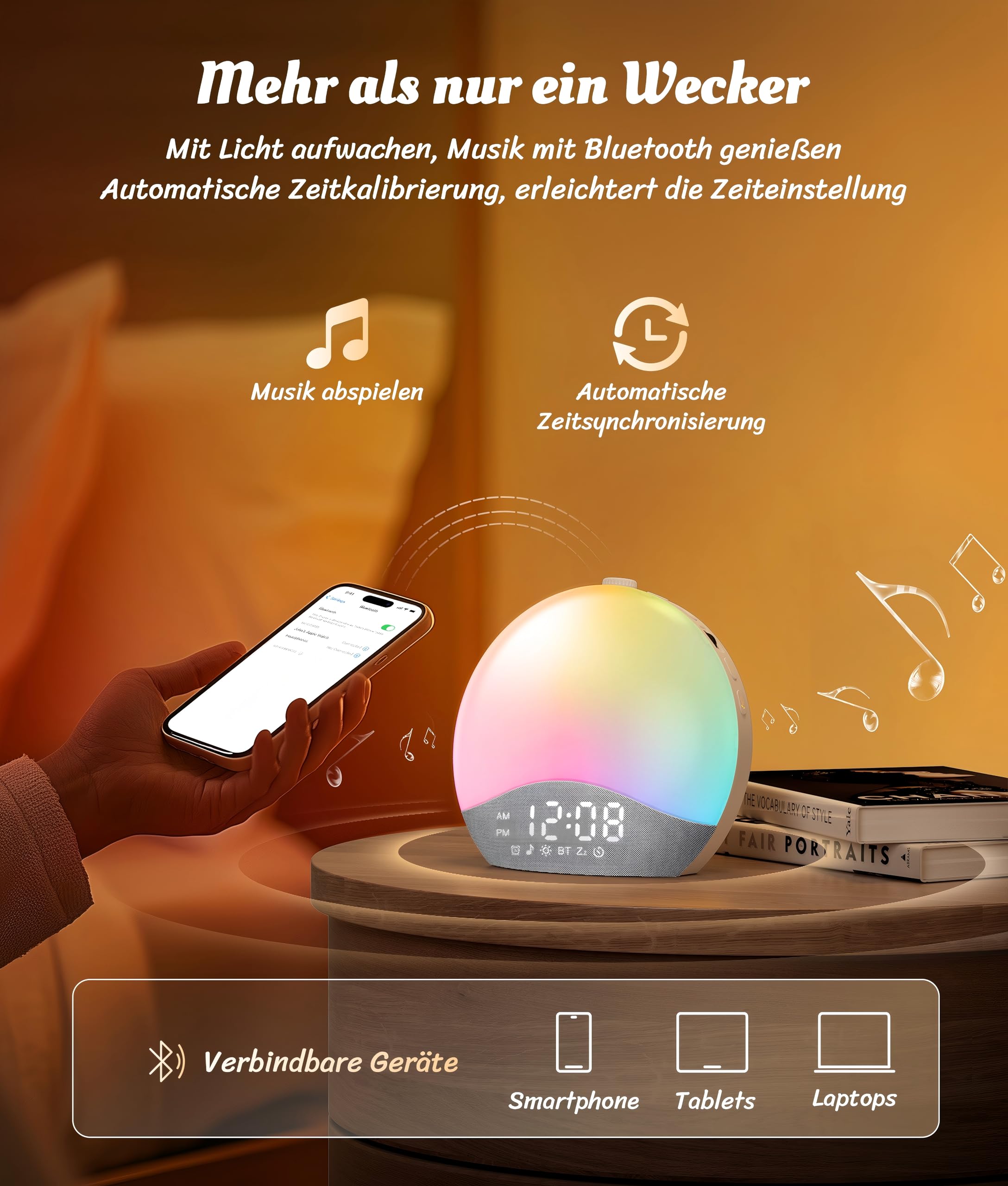 ecozy Tageslichtwecker, Bluetooth-Synchronisierung, 26 Beruhigende Klänge, Weißes Rauschen, 17 Nachtlichter, Sonnenaufgang Wecker