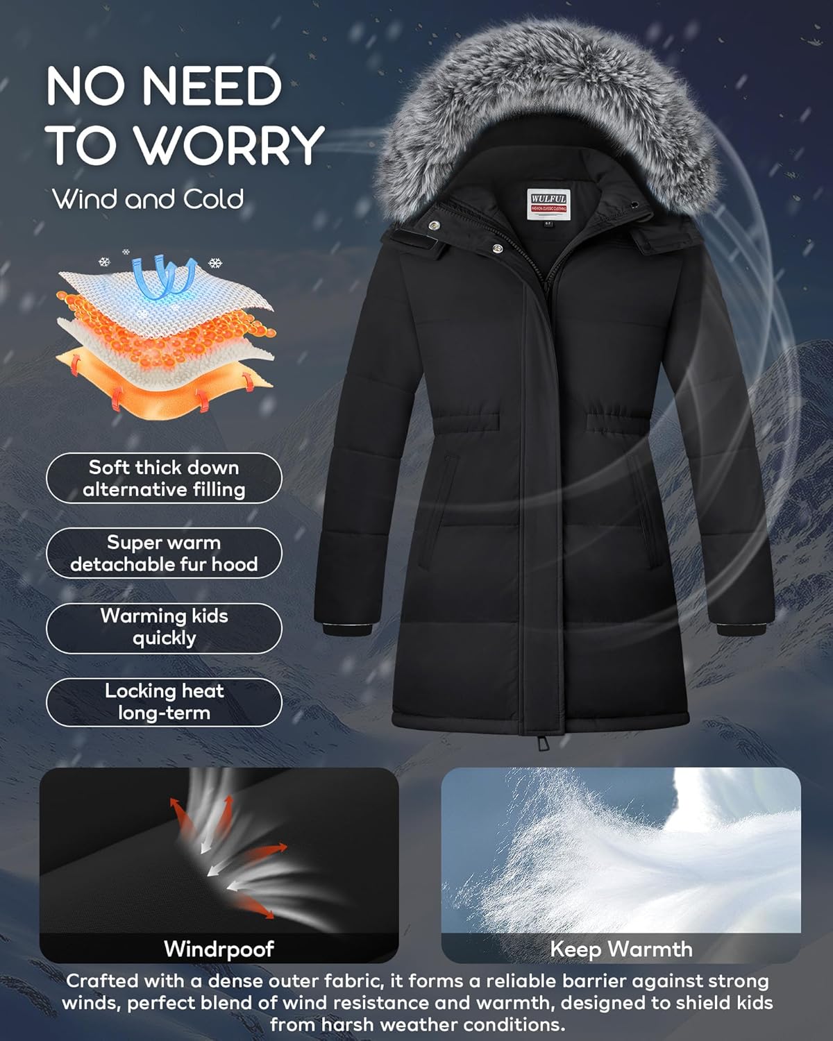 WULFUL Girl's Winter Long Coats Hooded Parka Kids Warm Puffer Jacket - Image 4