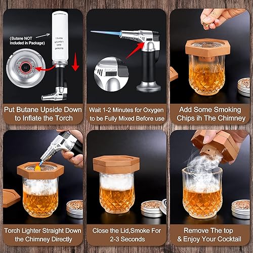 Miniatura 6 de Kit de ahumador de cóctel de whisky bourbon antiguo kit de infusor de bebidas de madera envejecida con antorcha kit de cóctel ahumado con 4 chips de