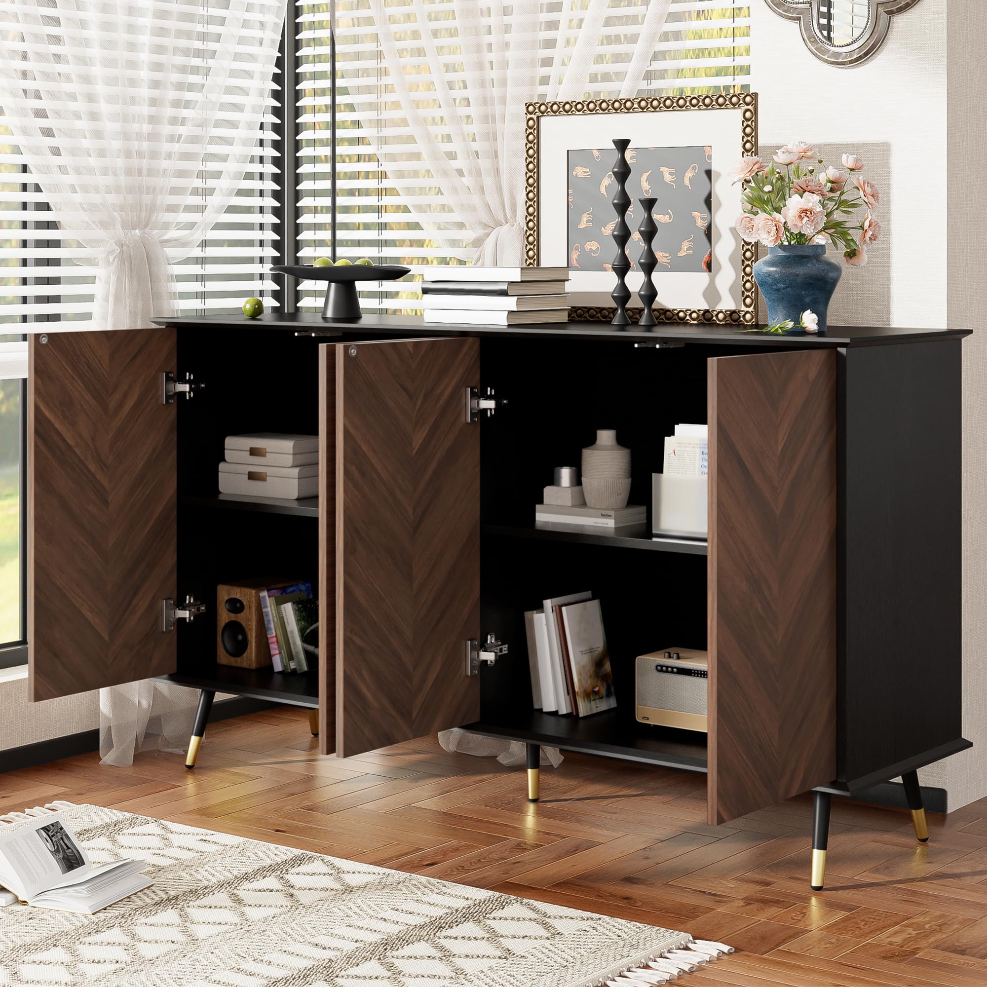 Credenza moderna con motivo a spina di pesce, armadio a buffet con 4 ante e ripiani regolabili in altezza, legno MDF e piedini in metallo, spazio per soggiorno, corridoio e sala da pranzo