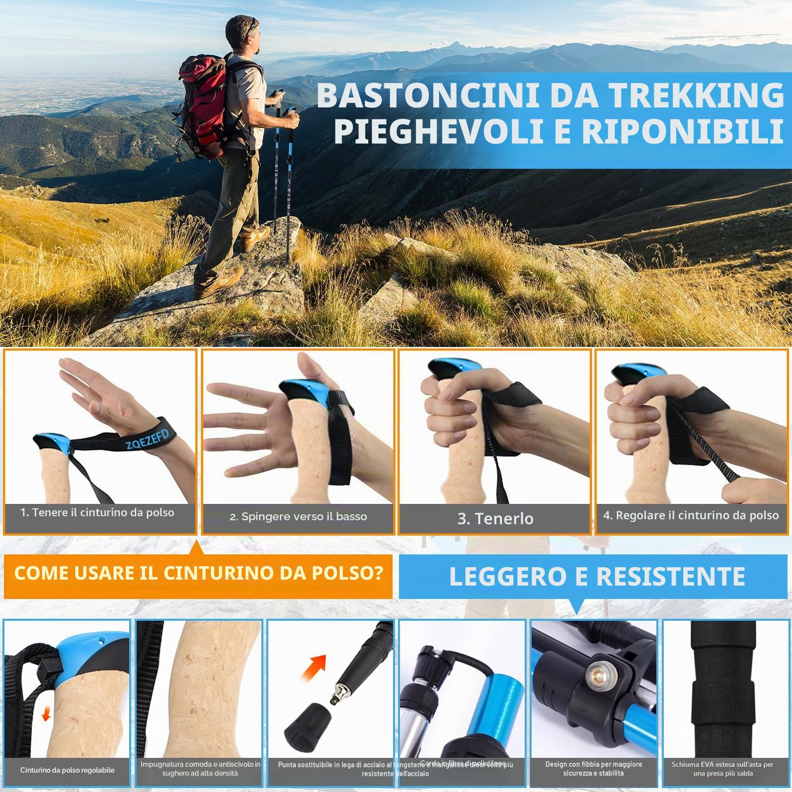 Bastoni Trekking Bastoncini da Trekking, 2 Pezzi Nordic Walking Bastoncini Pieghevole Regolabile 108-135cm, Bastoncini Trekking Carbonio Alluminio 7075 con 5 Paia di Puntali in Gomma