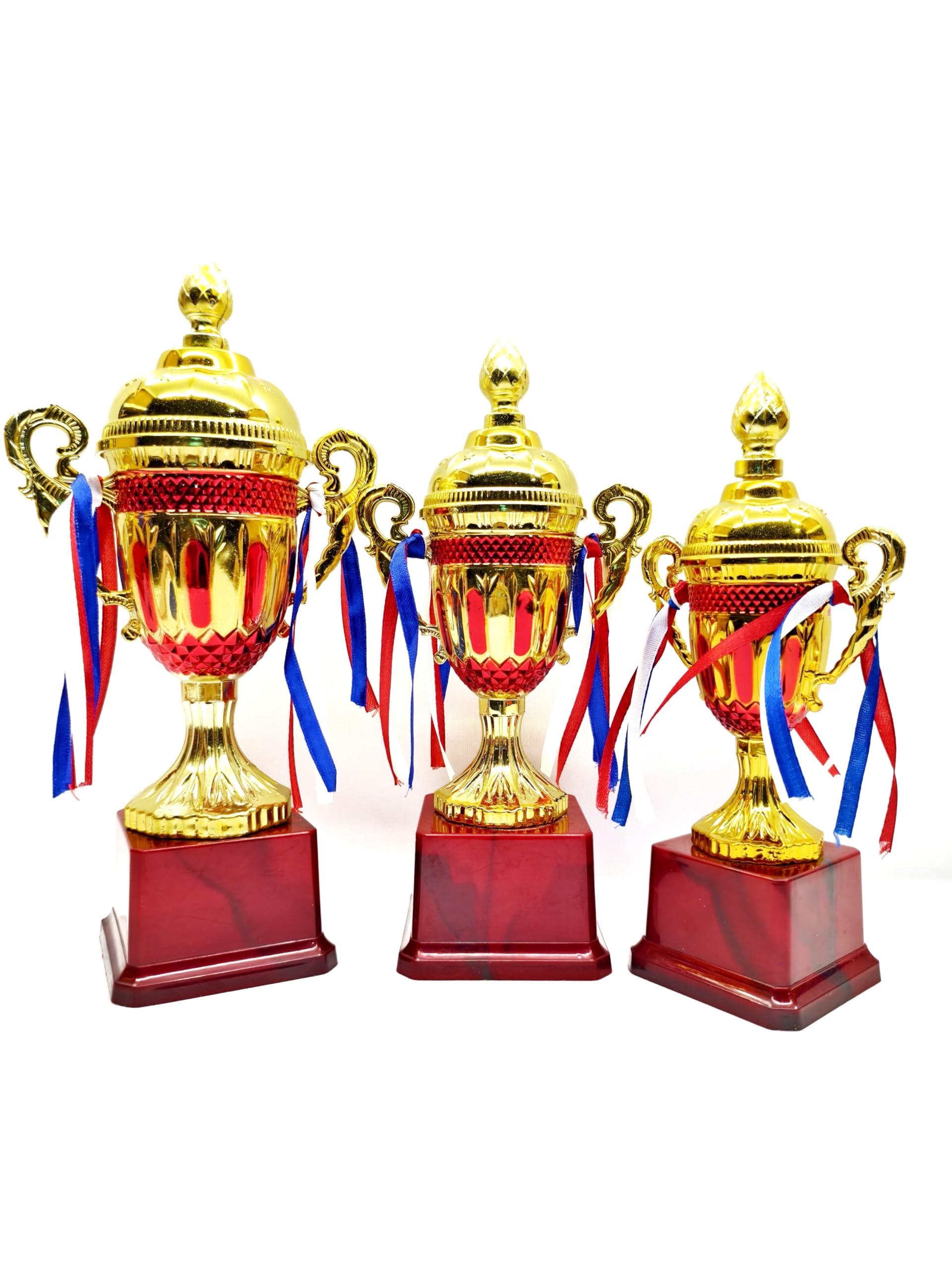 JASBIR TROPHIES Gold-Plated Trophy Set with Red Base, 3 Pieces, Multicolor Ribbons, Championship Awards FC 335 Combo-picture-13