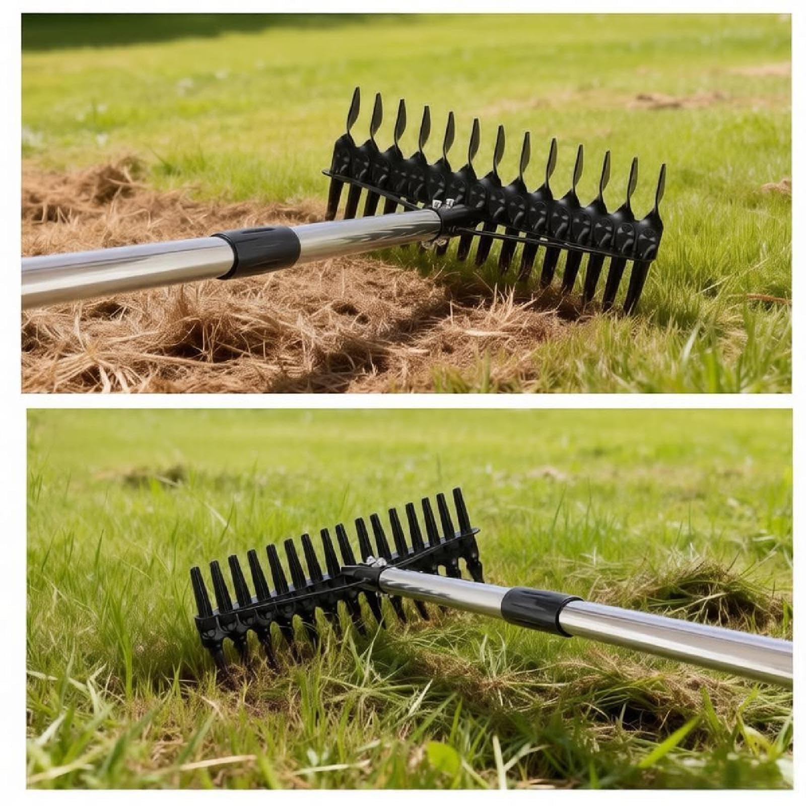 Rastrillo para Césped Escarificador Manual de Acero Inoxidable Rastrillo para Desbrozar Y Limpiar Césped Herramienta Aireadora Adecuado para Jardines, 1.2 M