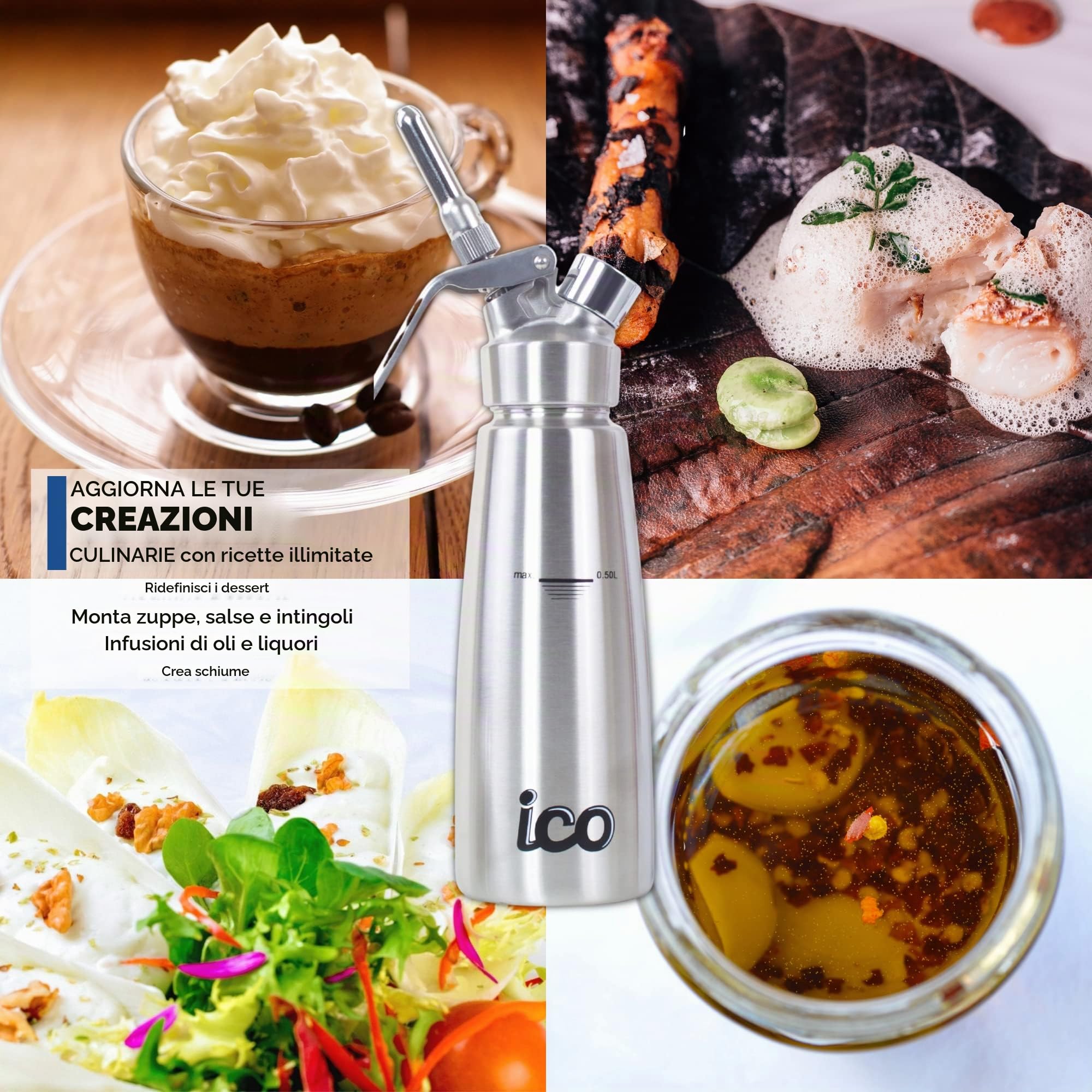 ICO Sifone da Cucina Professionale in Acciaio Inox per Sifone Panna Montata - Dispenser 500ml con Protossido di Azoto per Dessert e Spume