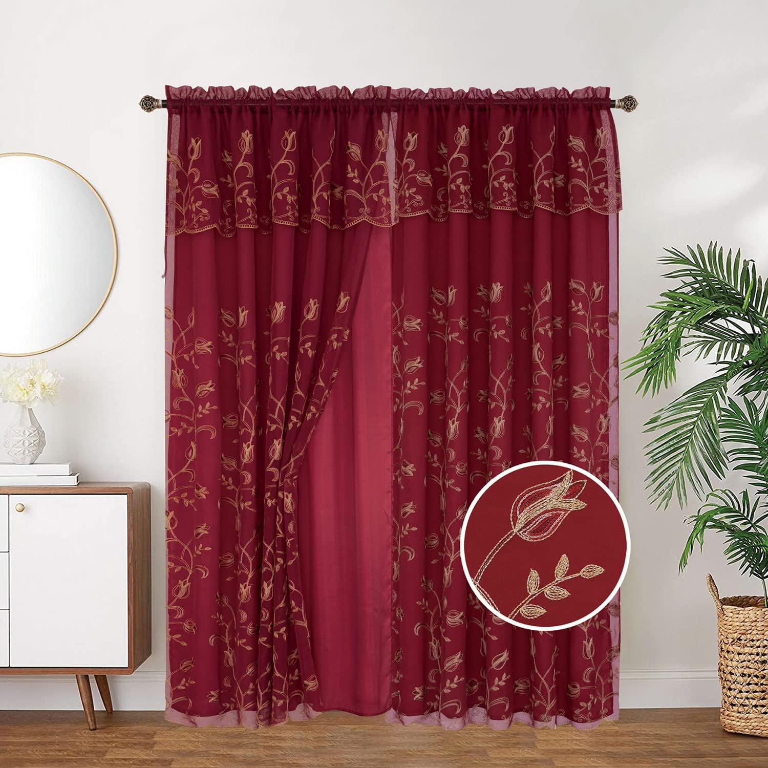 Kylie Embroidered Rod Pocket Window Panel with Attached Valance and Backing, 2 Ply Curtain with Beautiful Embroidered Tulip Design, and Satin Backing, 54x90 Inches (Yellow)
