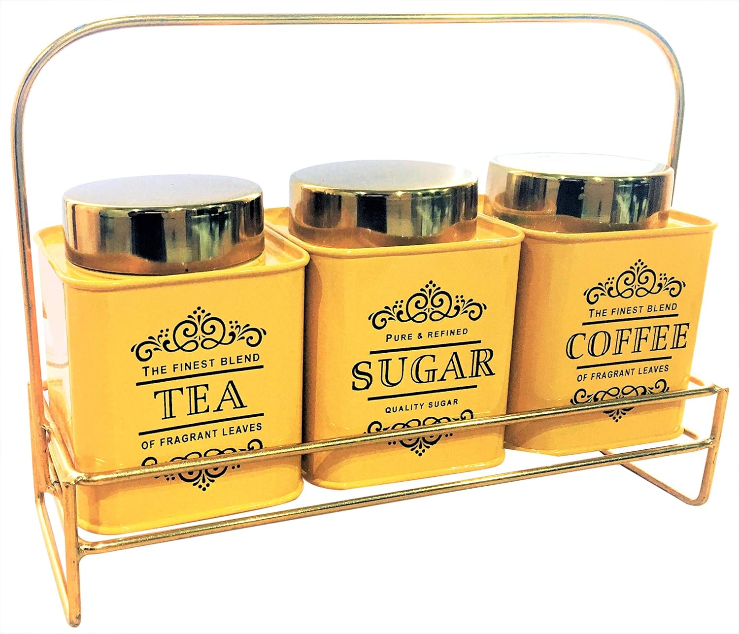 Set of 3 Vintage Canisters Tea, Sugar, Coffee with Gold Colour Stand