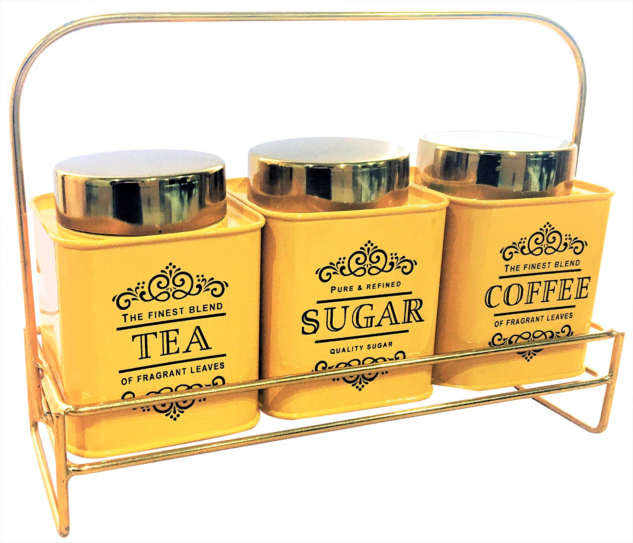 Set of 3 Vintage Canisters Tea, Sugar, Coffee with Gold Colour Stand & Lid - Yellow