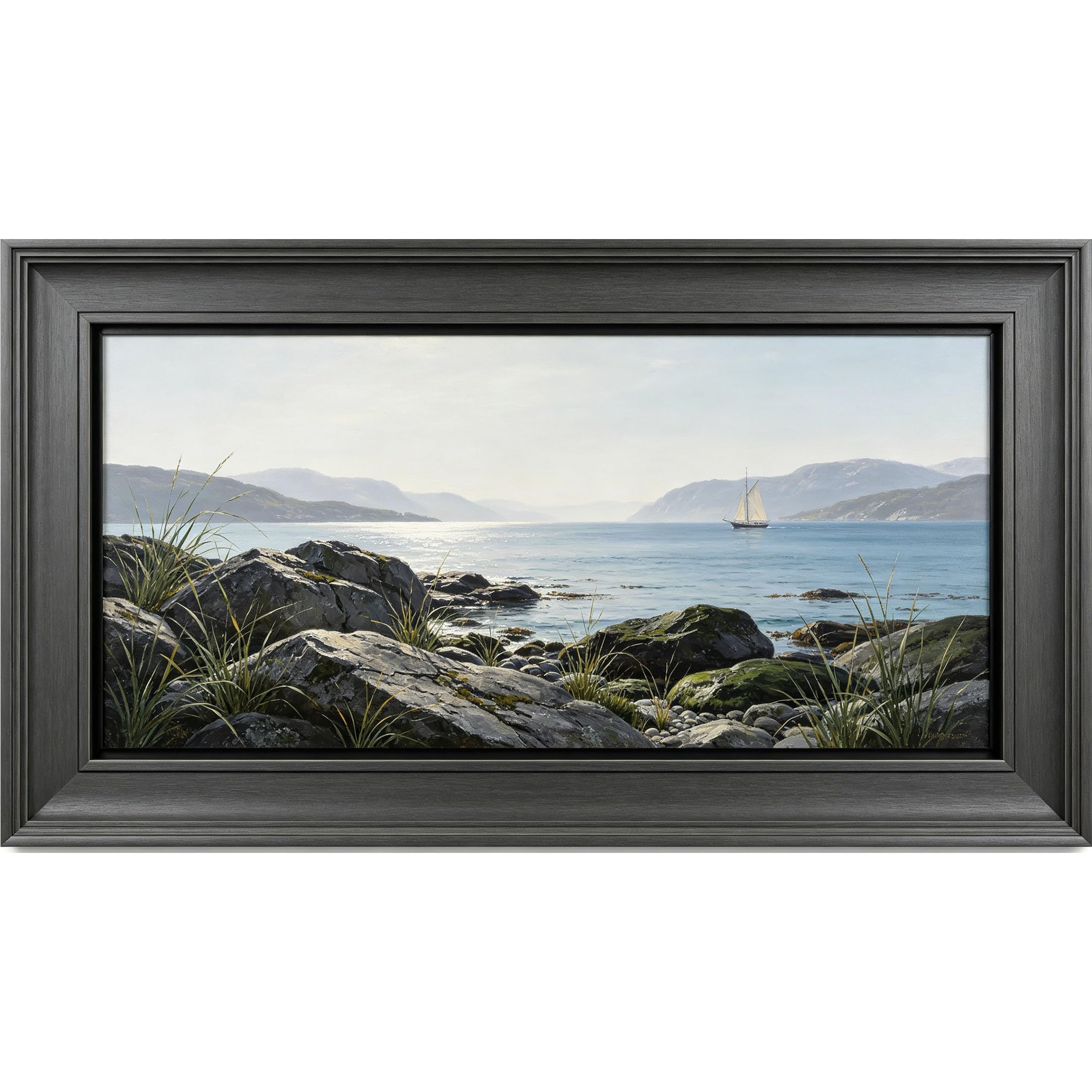 QZLITHOTIC 50x90cm3D Framed Wall Art， Coastal Sailboat Seaside Landscape Self‑Adhesive Mural， Water‑Activated Peel & Stick Fabric Decor Wall Decal for Bedroom Living Room