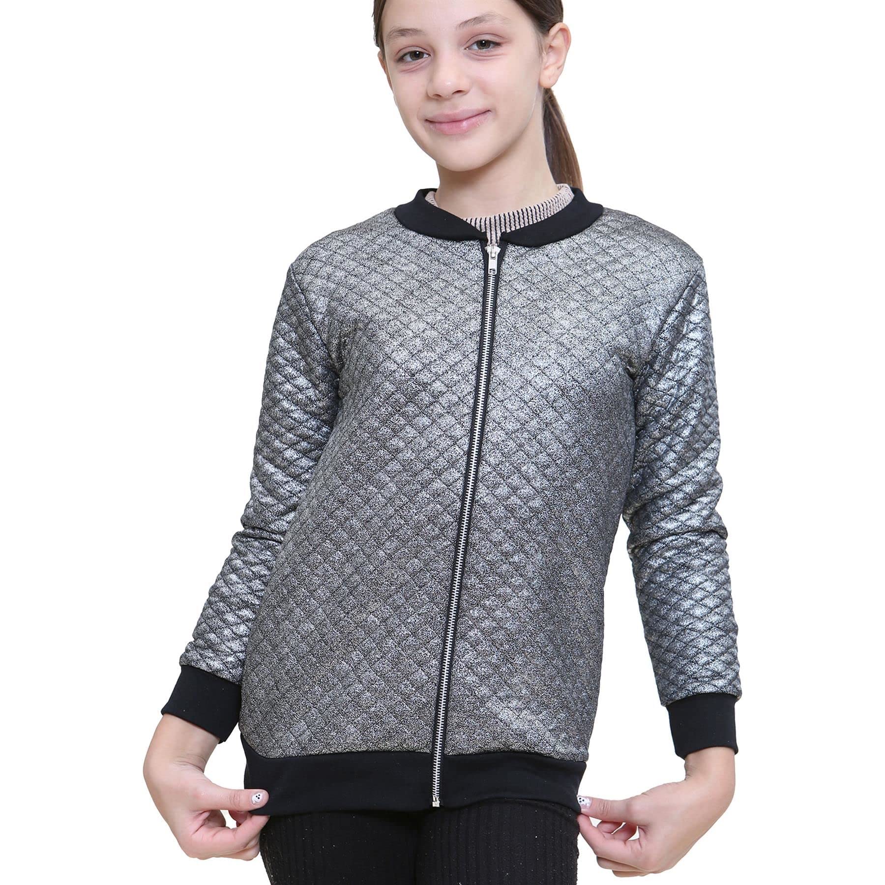 Kids Girls Shiny Casual School Jacket Fashion Quilted Round Neck Coat - Jacket Shiny Silver._11-12