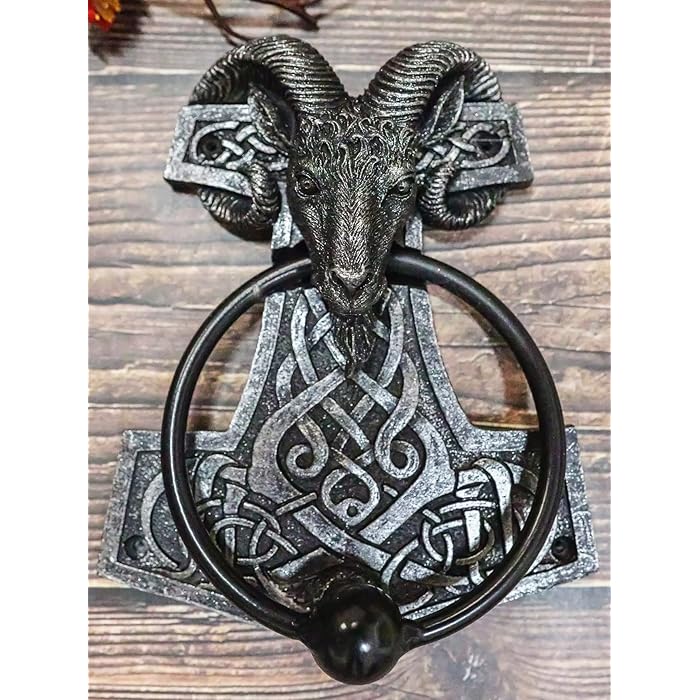 Buy Ebros Gift Viking Ram Skull Thor Hammer Mjolnir with Runes Knotwork Decorative Door Knocker