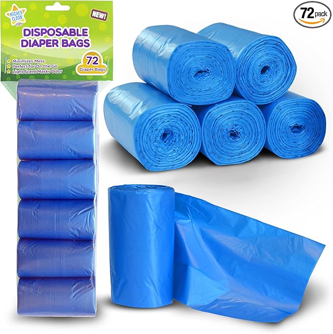 Mighty Clean Baby Disposable Diaper Bag Refill Rolls - Waste Sacks with Light Powder Scent - 72 Count