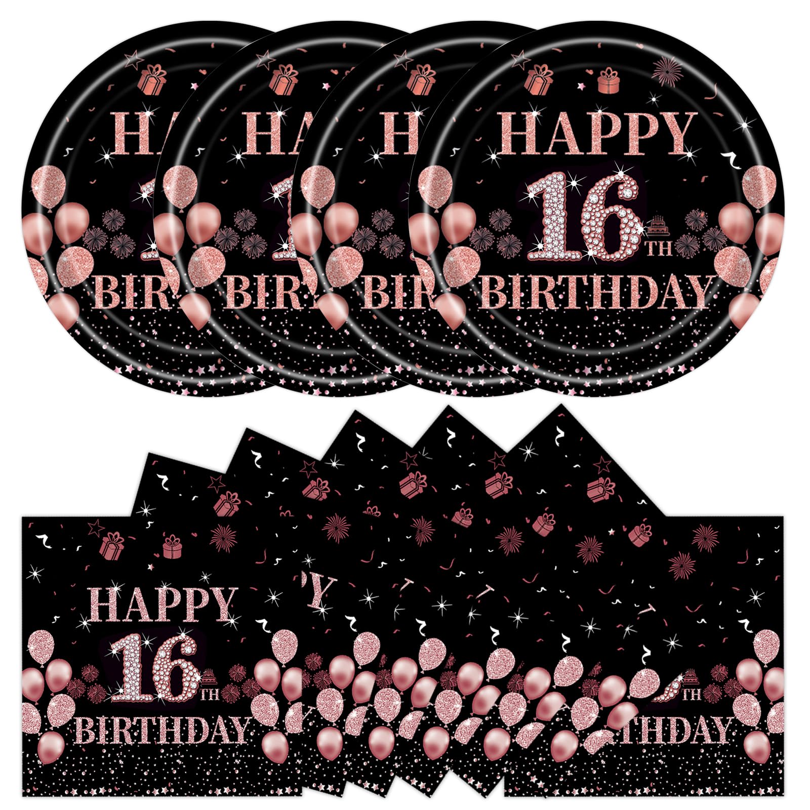 DHAIQC 50 Pcs 16th Party Supplies Birthday Paper Plates and Napkins, 7 Inch Black Rose Gold 16th Birthday Plates Napkins Tableware Set for Men Women Cheers to 50 Years Decorations (16th) — image 1