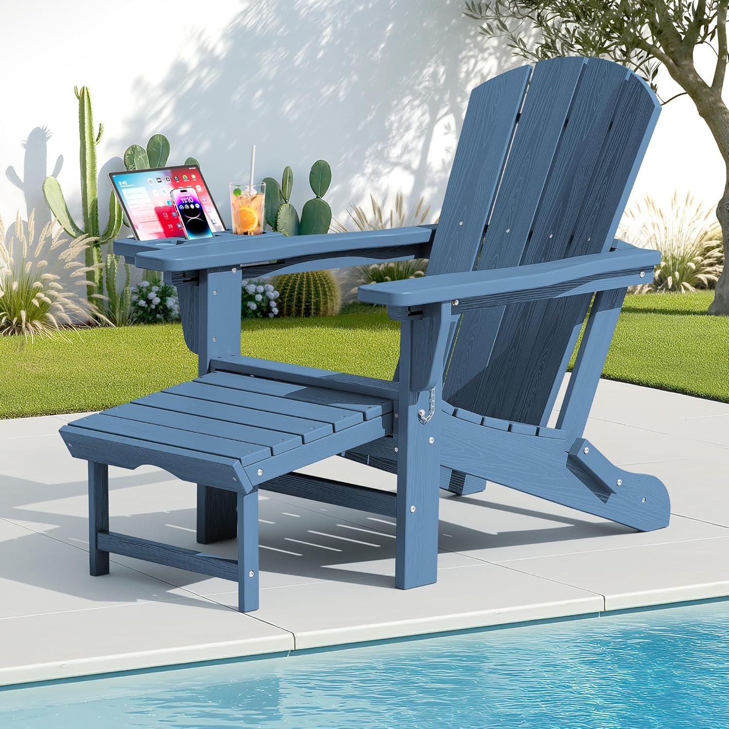 KINGYES Adjustable Folding Adirondack Chair with Footrest & 4-in-1 Multi-Functional Armrest Organizer, HDPE Foldable Reclining Adirondack Chair with Pull-Out Ottoman, Blue