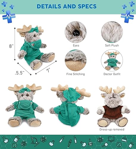 Miniatura 3 de DolliBu Juguete de peluche de doctor con alce sentado con capucha marrón, súper suave, alce, con uniforme y gorro con personalización, 8 pulgadas