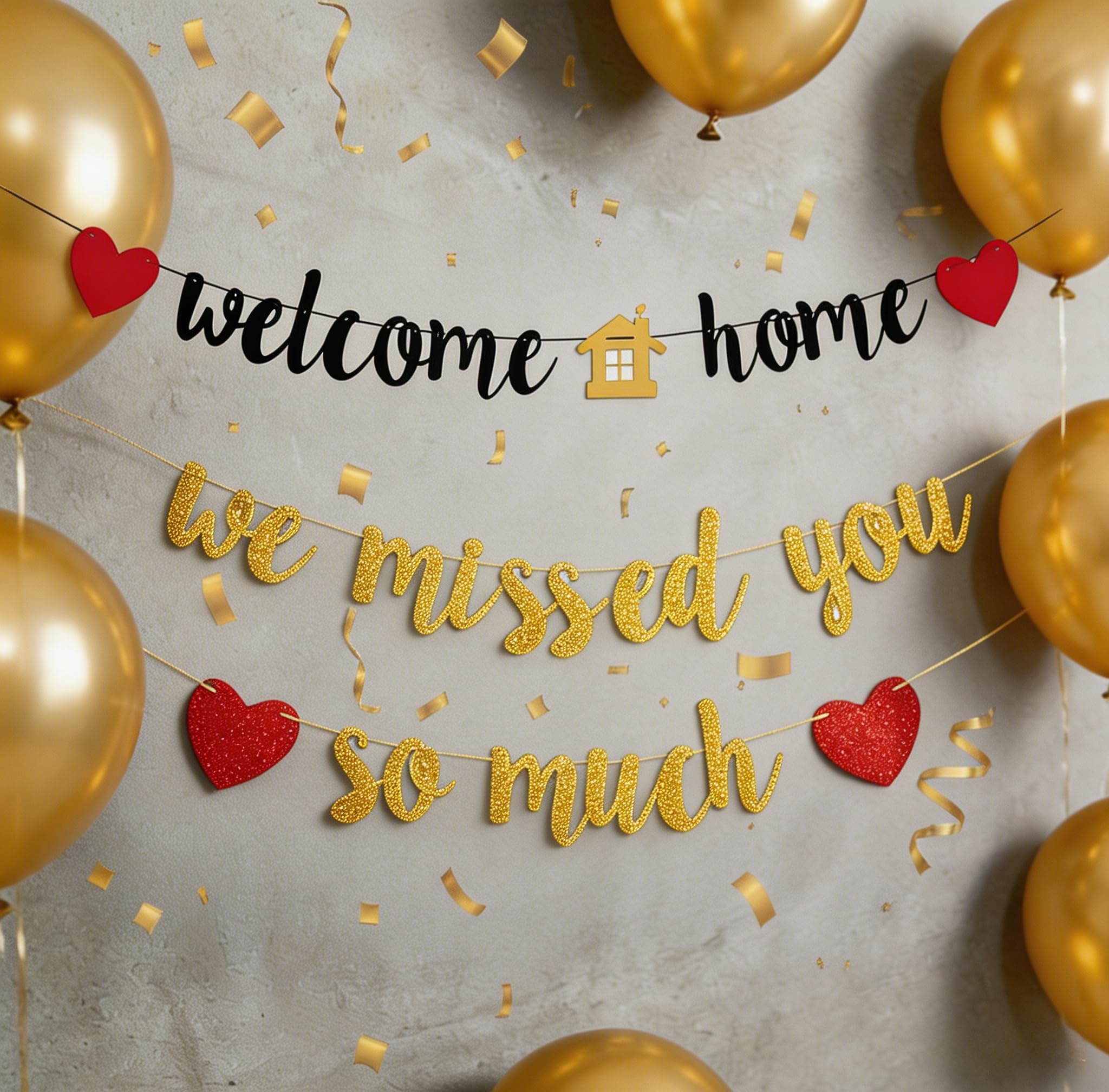 Welcome Home Banner - Durable Polyester We Missed You So Much Sign - Easy to Hang Home Decor for Front Door, Adult Party Decorations (Black Gold, 3.9Ft) — view 2