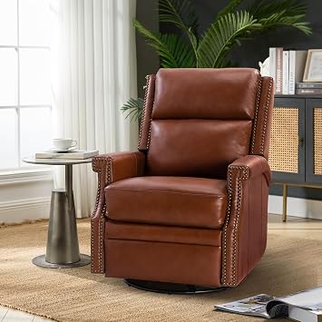 HULALA Home Genuine Leather Swivel Rocker Recliner, Modern Manual Glider Recliner Chair with Adjustable Backrest & Footrest,360 Degree Swivel Home Theater Sofa Armchair for Living Room Bedroom, Brown
