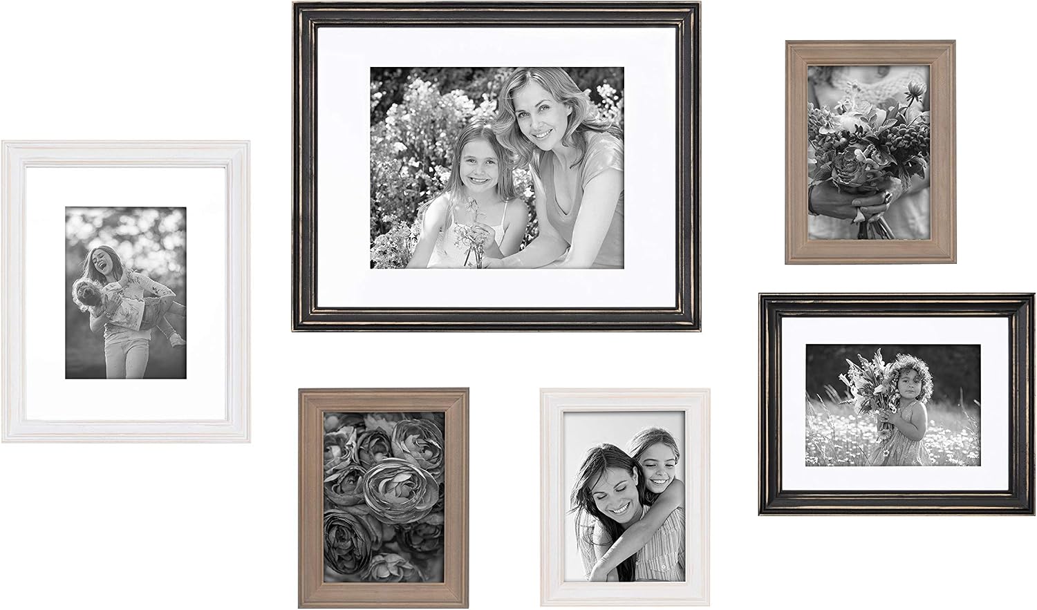 Kate and Laurel Bordeaux Industrial Farmhouse Gallery Frame Wall Kit, Set of 6 with Assorted Size Frames, Rustic Brown, Distressed Black, Whitewash