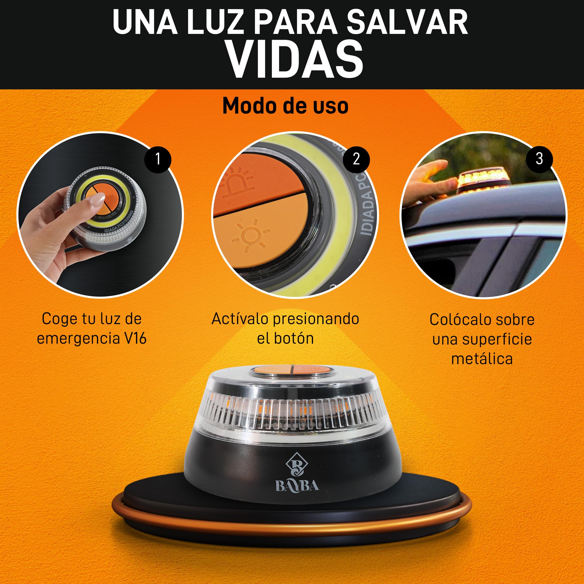Luz de emergencia para coche homologada DGT con base imantada. Baliza V16 homologada DGT para señalización frente a averia. Señal luminosa de aviso visible a 1 km. 1 Unidad