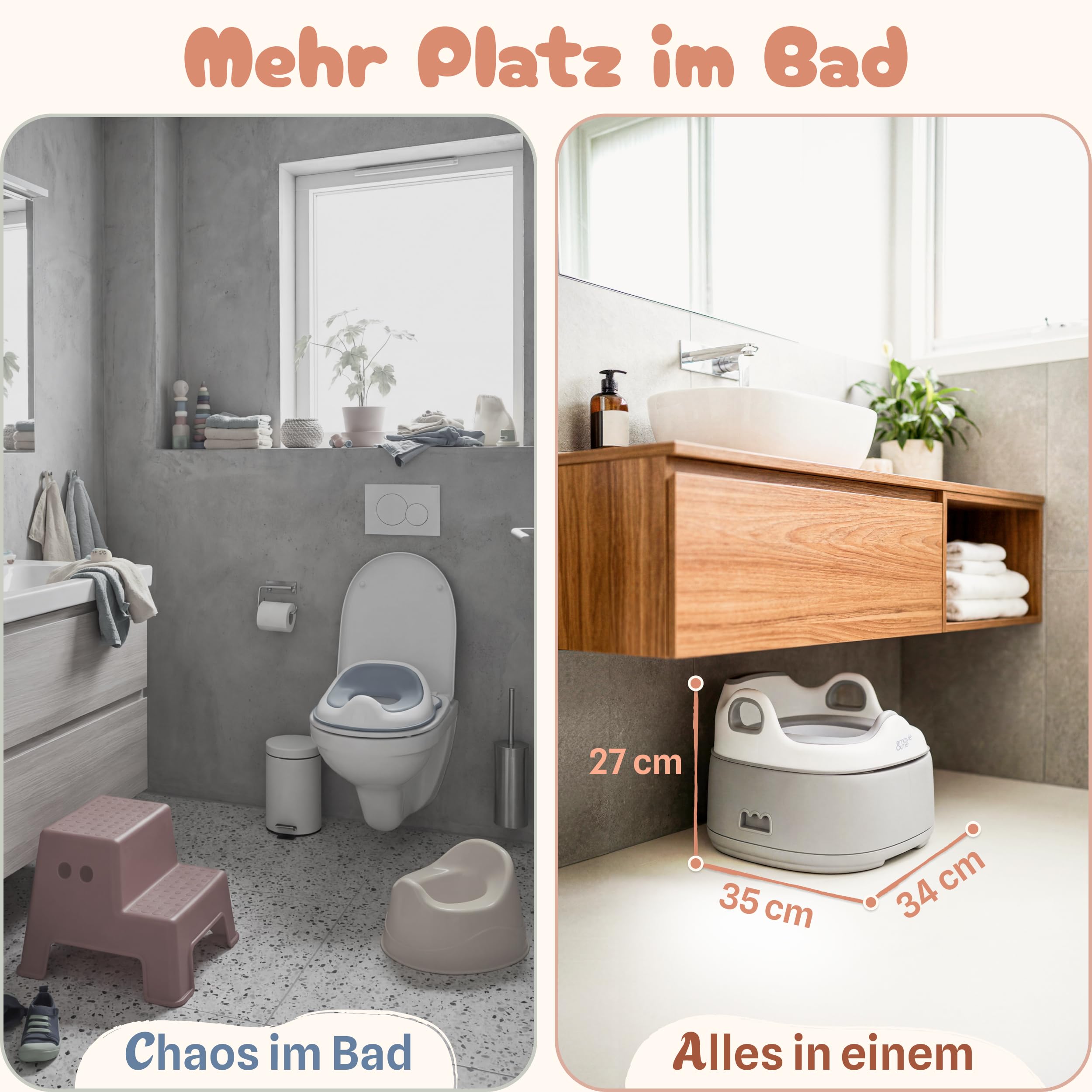 Töpfchen für Kinder 3-in-1 mit Toilettensitz & Tritthocker – Töpfchentraining Set für Kleinkinder – rutschfest & stabil bis 60 kg mitwachsend herausnehmbarer Innentopf – BPA frei (grau)