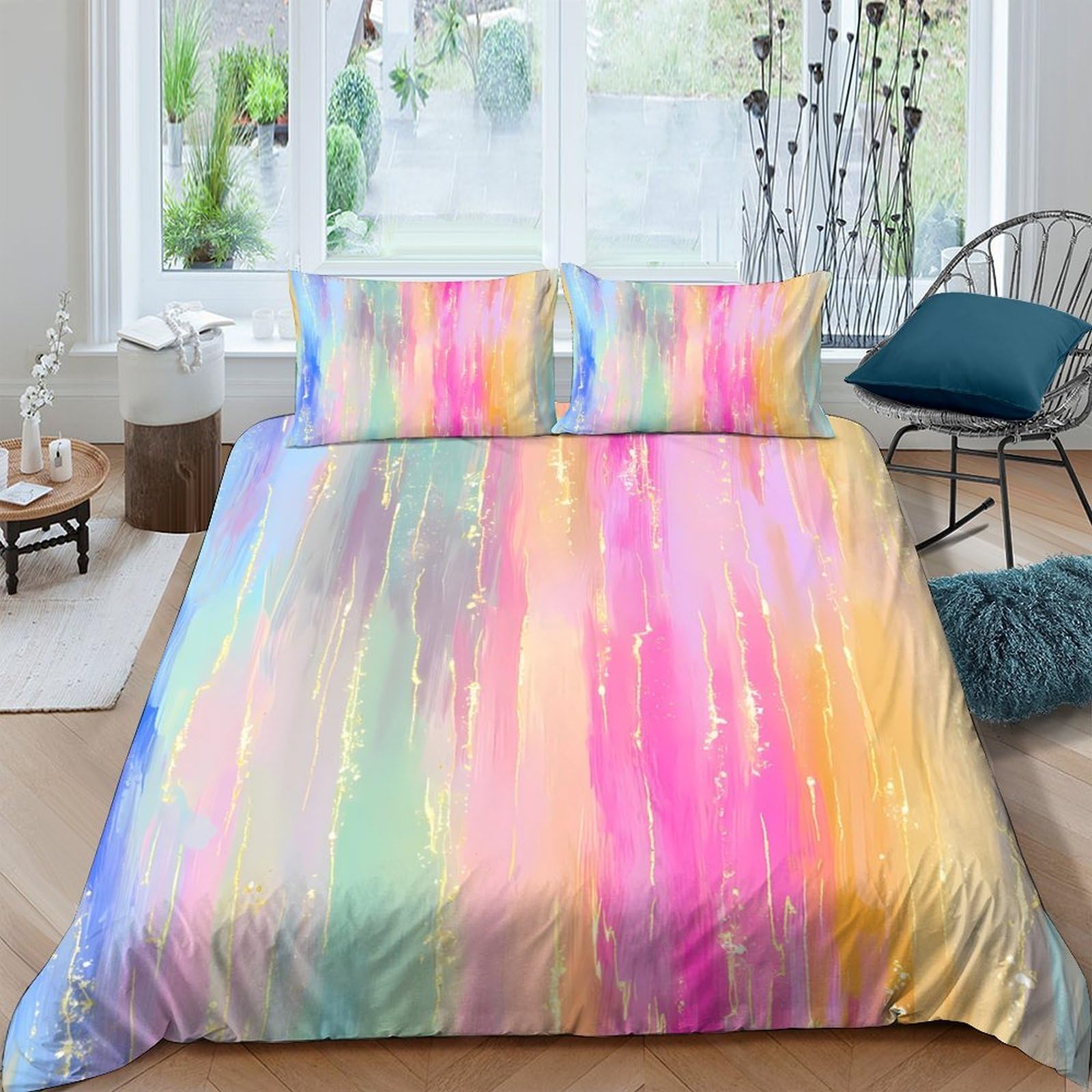 Ctjqhvkz Style-3 3D Printed Rainbow Watercolor Fitted Sheet Microfiber Bedroom Decor Pastel Brush Mattress Cover For Home Guest Room Single（135X200cm）
