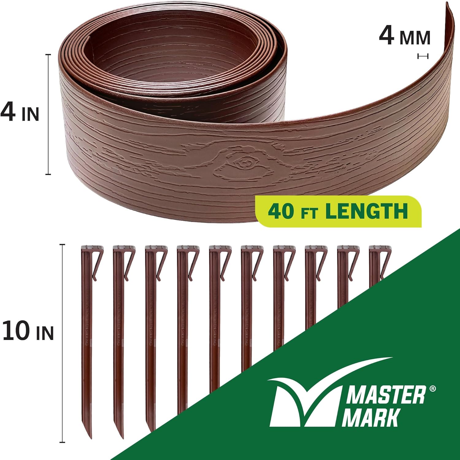 Master Mark Landscape Edging Coil (Terrace Board), 40 ft. x 4 in. Tall, Plastic Garden Edging Border with 10 Stakes, Brown
