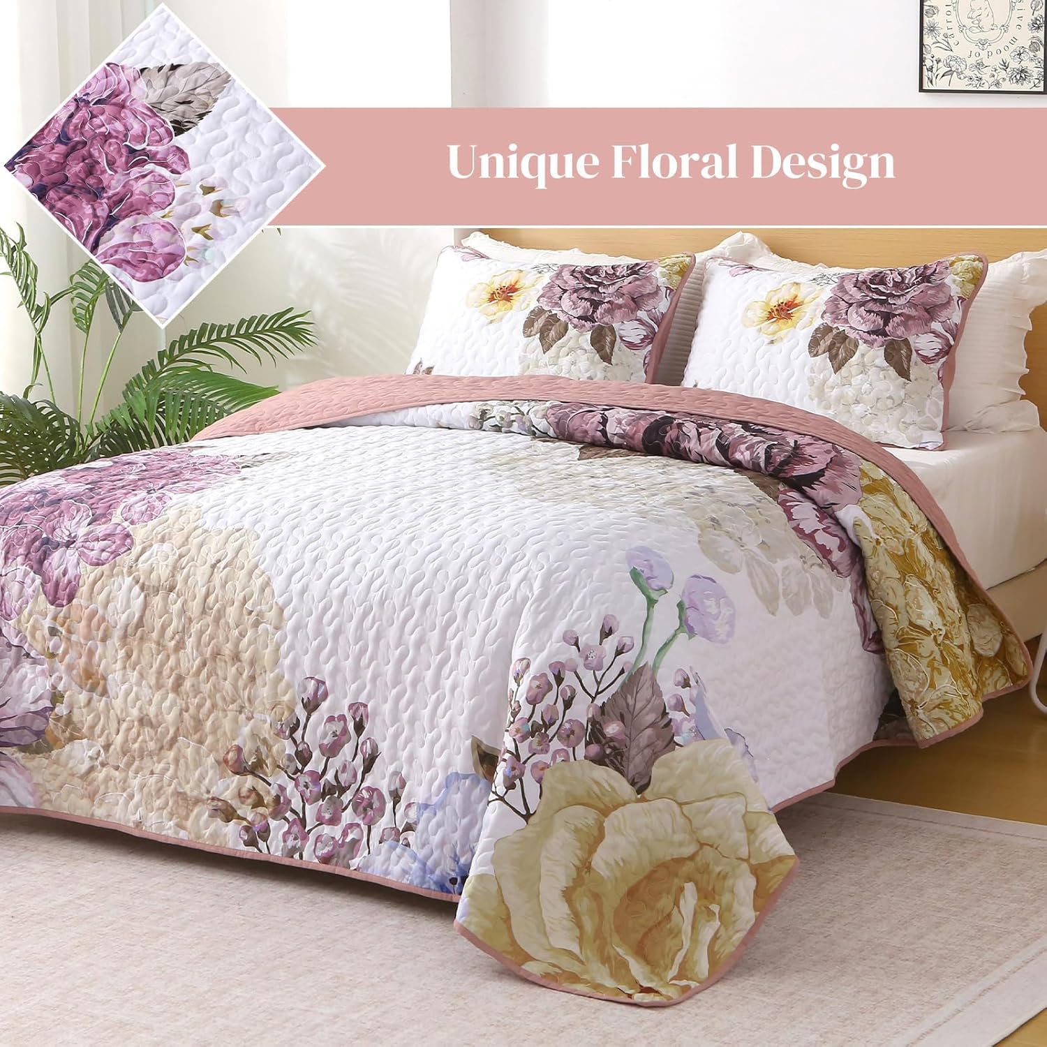 Blush Quilt Set Queen Size, 3 Pieces Elegant Floral Bedspread Coverlet Set with 2 Pillow Shams, Soft Microfiber Reversible Quilt Bedding Set for All Season 96"×90"