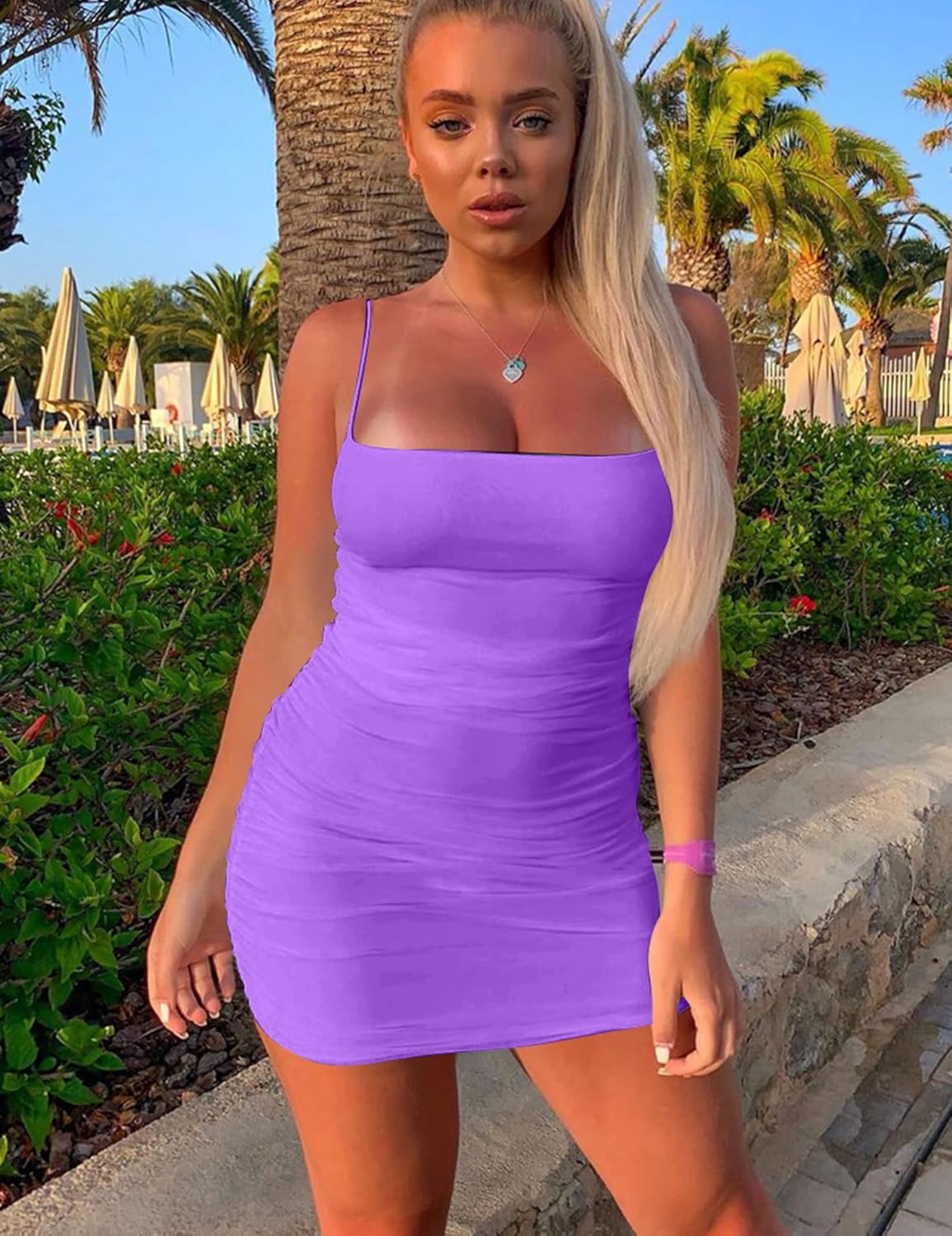 Mizoci Women's Sexy Sleeveless Ruched Spaghetti Strap Bodycon Mini Club Party Dress - Image 3