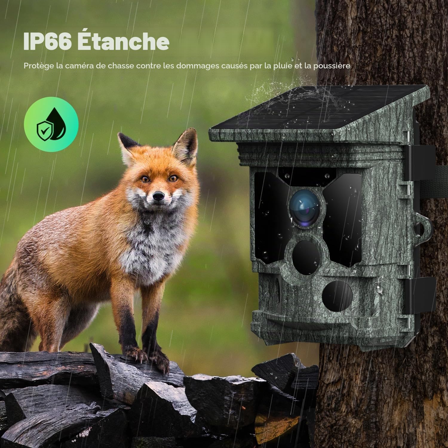 Caméra de Chasse WiFi Solaire 4K 30 i/s 46MP, Bluetooth, App | Déclenchement 0,1 s, détection 120°, vision nocturne 20 m et IP66 pour passages de gibier, agrainoirs et observation