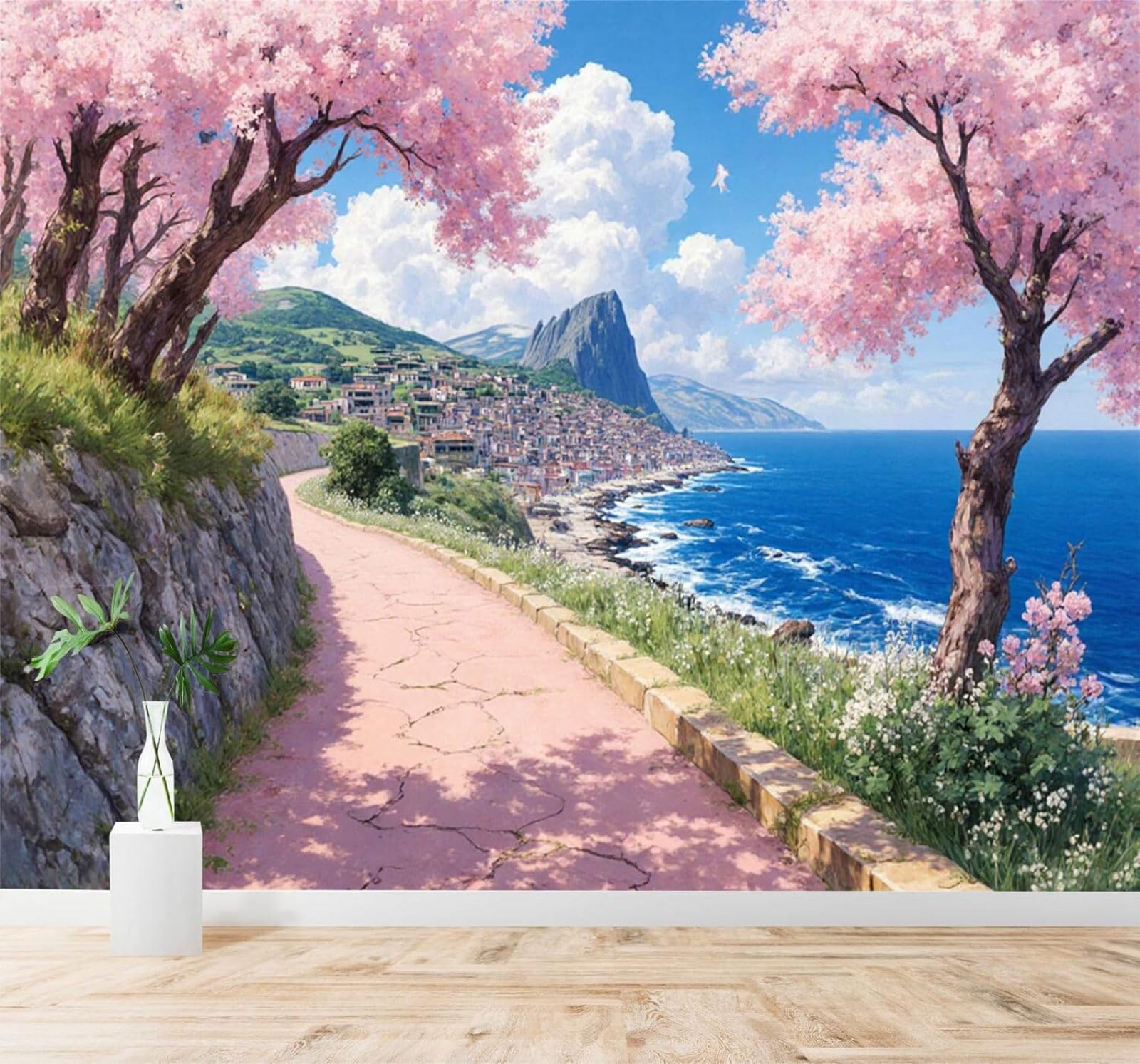 XLMING Seaside Town Narrow Path Cherry Blossom Trees Azure Sea View White Clouds 3D Wallpaper Silky Texture Home Study Office Grey Dining Room Sofa Bedroom Living Room TV Backdrop-200cm×140cm