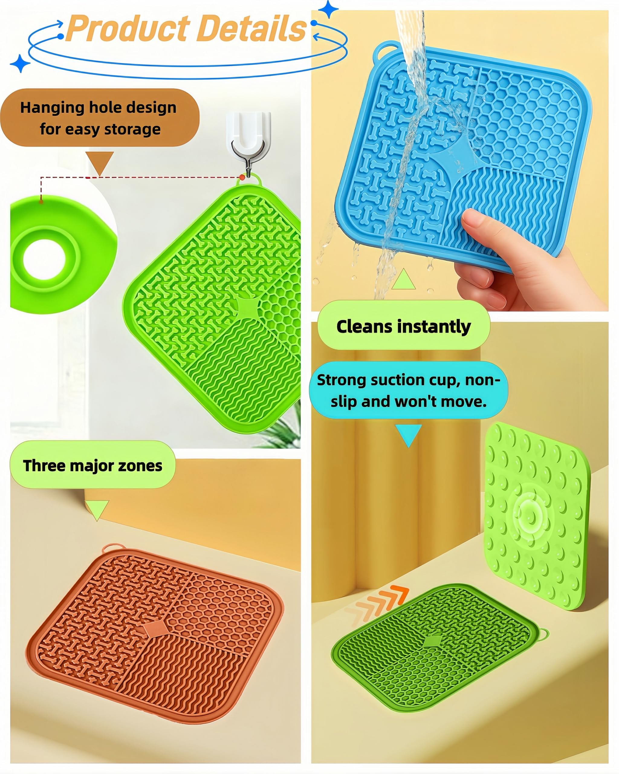 Slow Feeder Licky Mats per gatti e cani, morbido silicone, forte ventosa, partizioni multifunzionali per alleviare l'ansia (arancione)