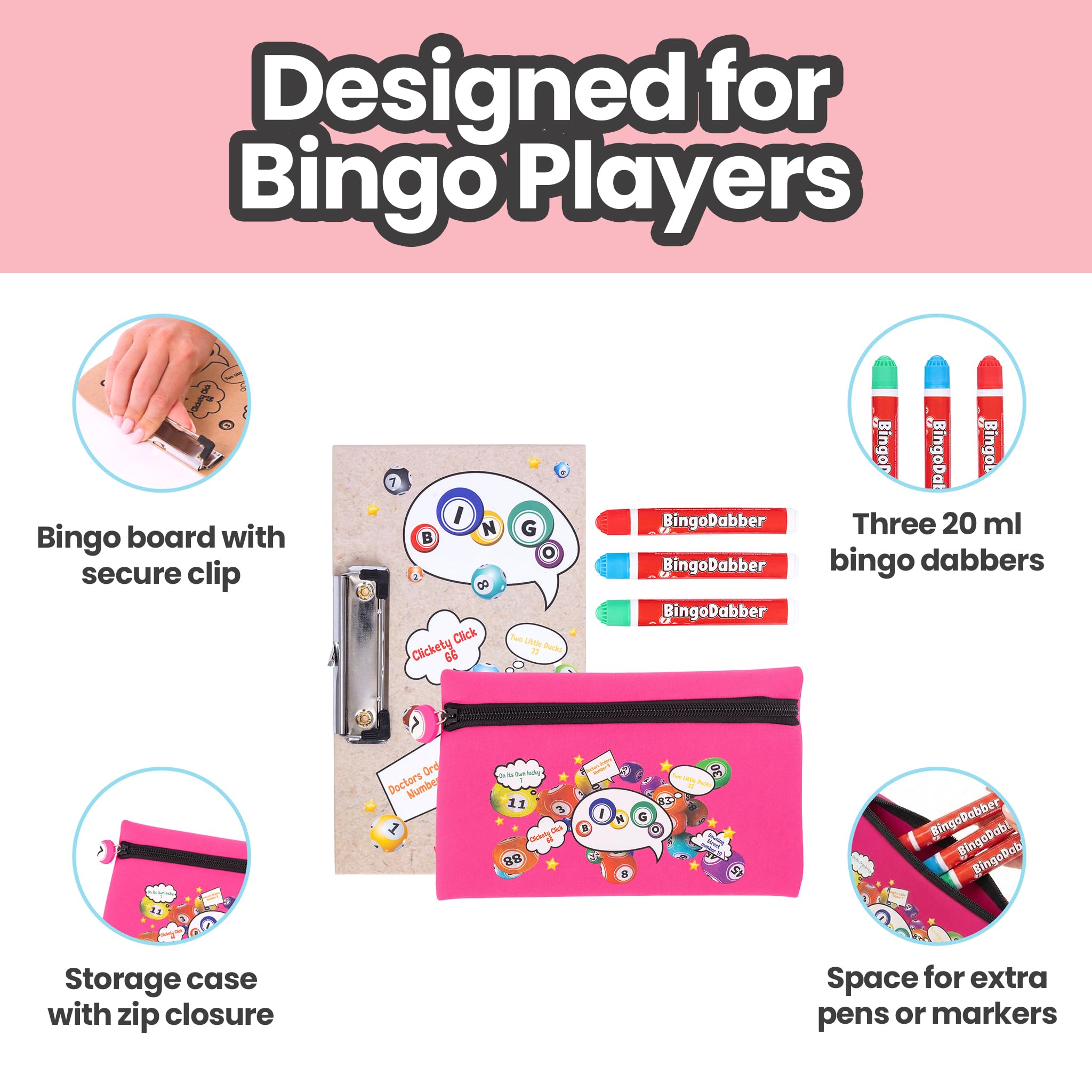 evelay Coffret cadeau pour bingo Dabber | 3 dabbers de bingo | 1 planche de bingo avec clip | Sac de rangement avec numéro porte-bonheur à fermeture éclair | Encre anti-goutte | 6 options de couleur