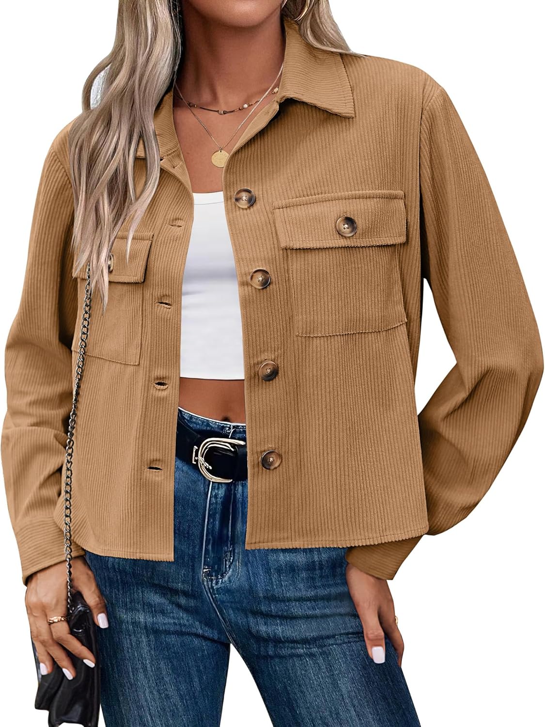 Zeagoo Womens Fashion Cropped Corduroy Shackets Button Down Jackets Tops Fall Trendy Lightweight Long Sleeve Shirts