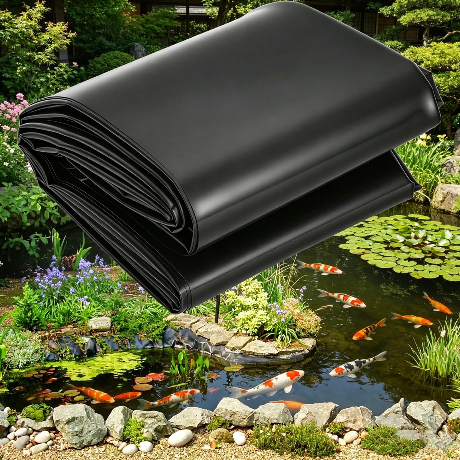 Bache Bassin Exterieur 8x8m, Noir HDPE Flexible Bache Epdm, Imperméable, Résistante Aux UV, Adaptée Aux Bassins, Bassins à Poissons, Bassins à Koïs et Bassins à Lotus