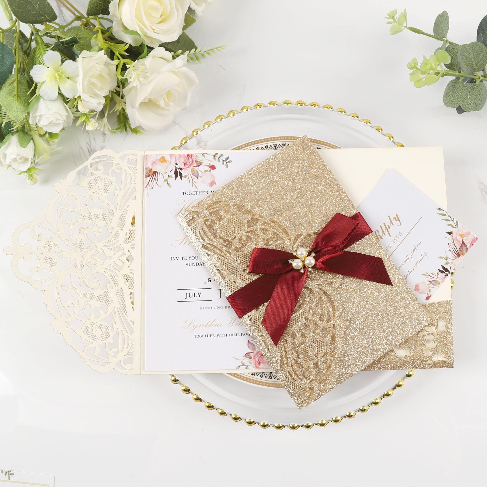 Maffily 25pcs Gold Glitter Laser Cut Invitations Tri-Fold Blank Personalized Wedding Invitations Pocket With Envelopes and Rsvp Cards for Wedding