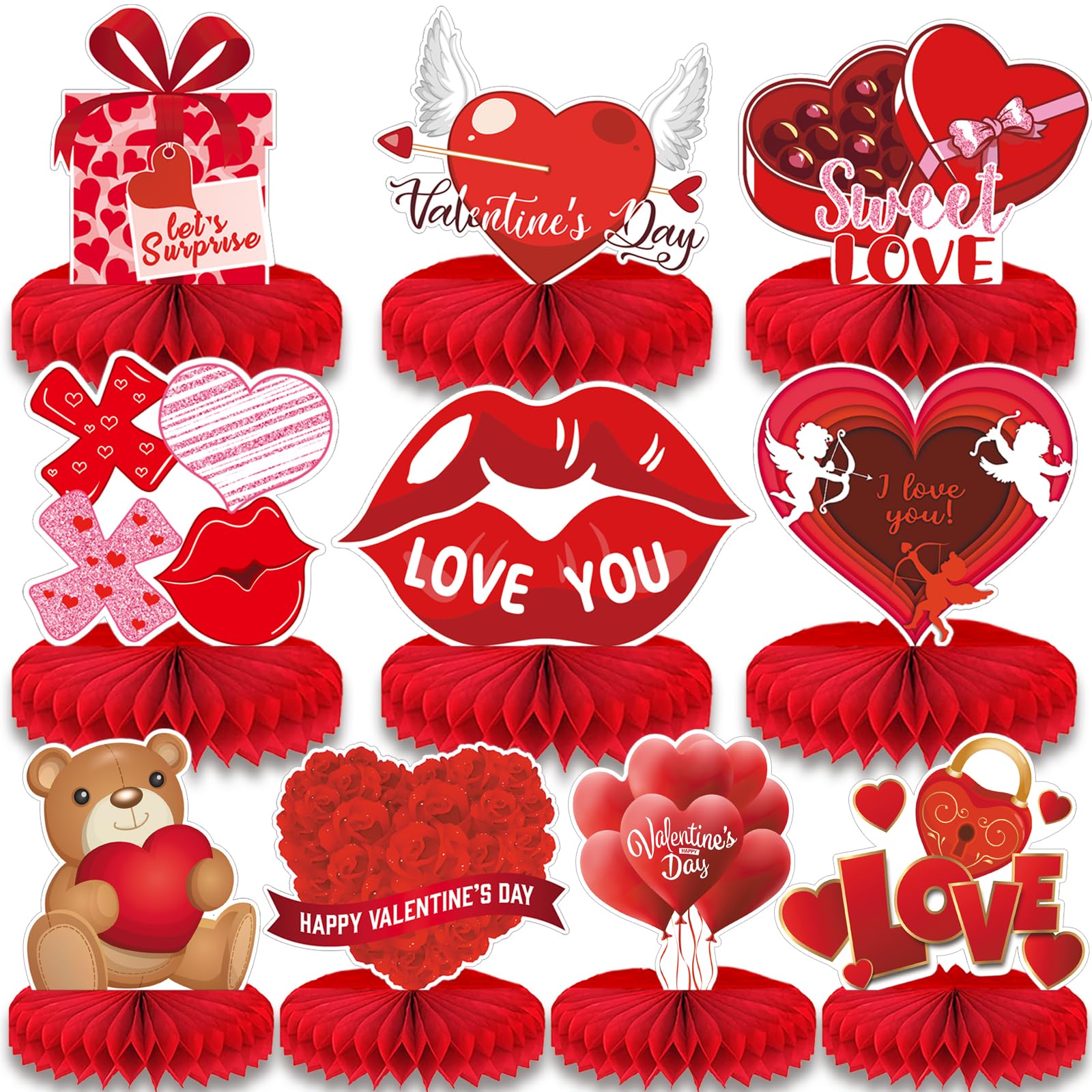 10 pcs Valentine Honeycomb Centerpieces,Valentine Honeycomb Decorations Paper Table Centerpiece Signs,Heart Cupid Valentines Table Centerpiece for Valentines Day Party Decorations