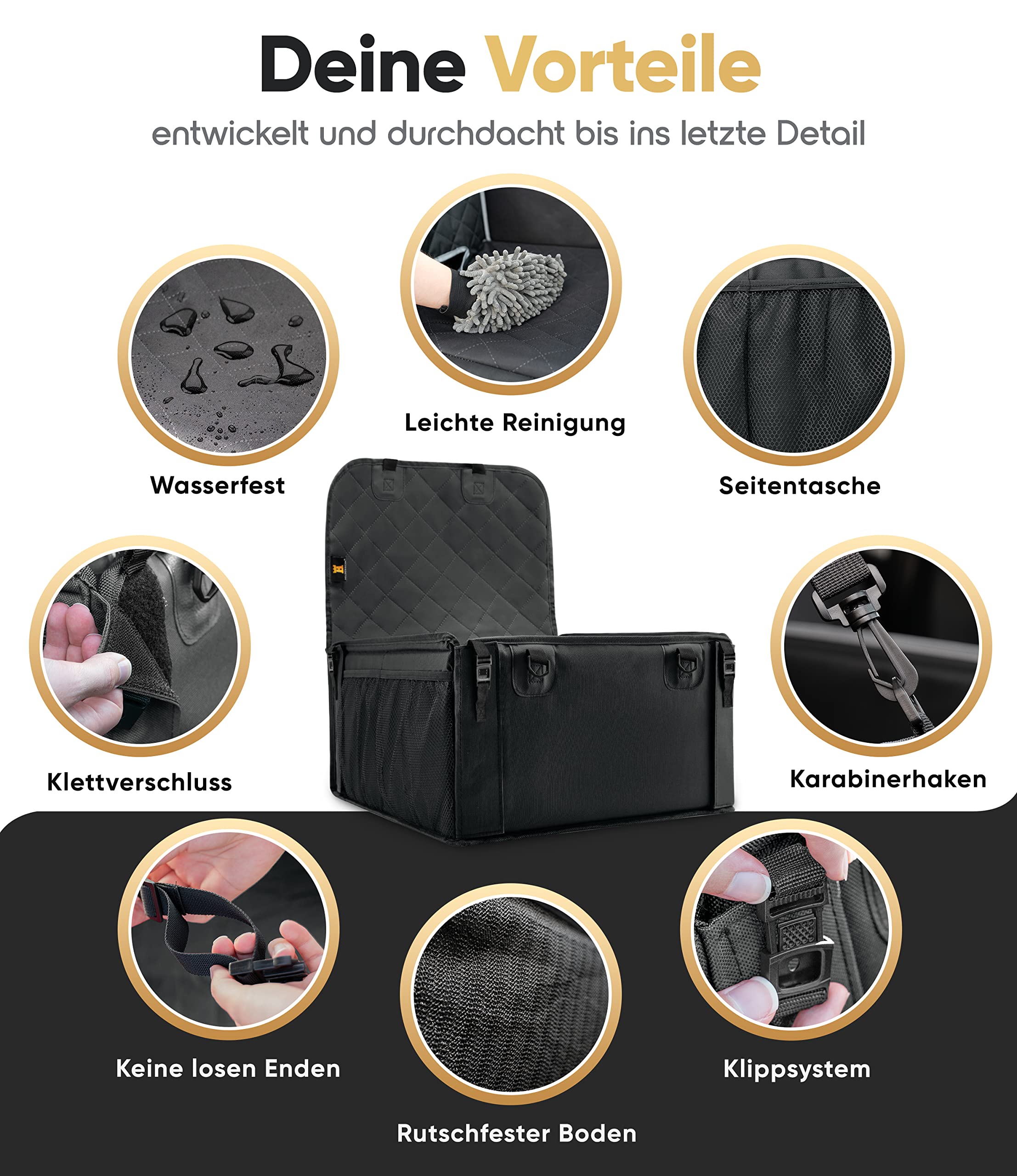 HELDENWERK Extra Stabiler Hunde Autositz -Verstärkte Wände und 5 Gurte - Wasserdichter Hundeautositz für Rück- und Vordersitz (Schwarz, Standardgröße)