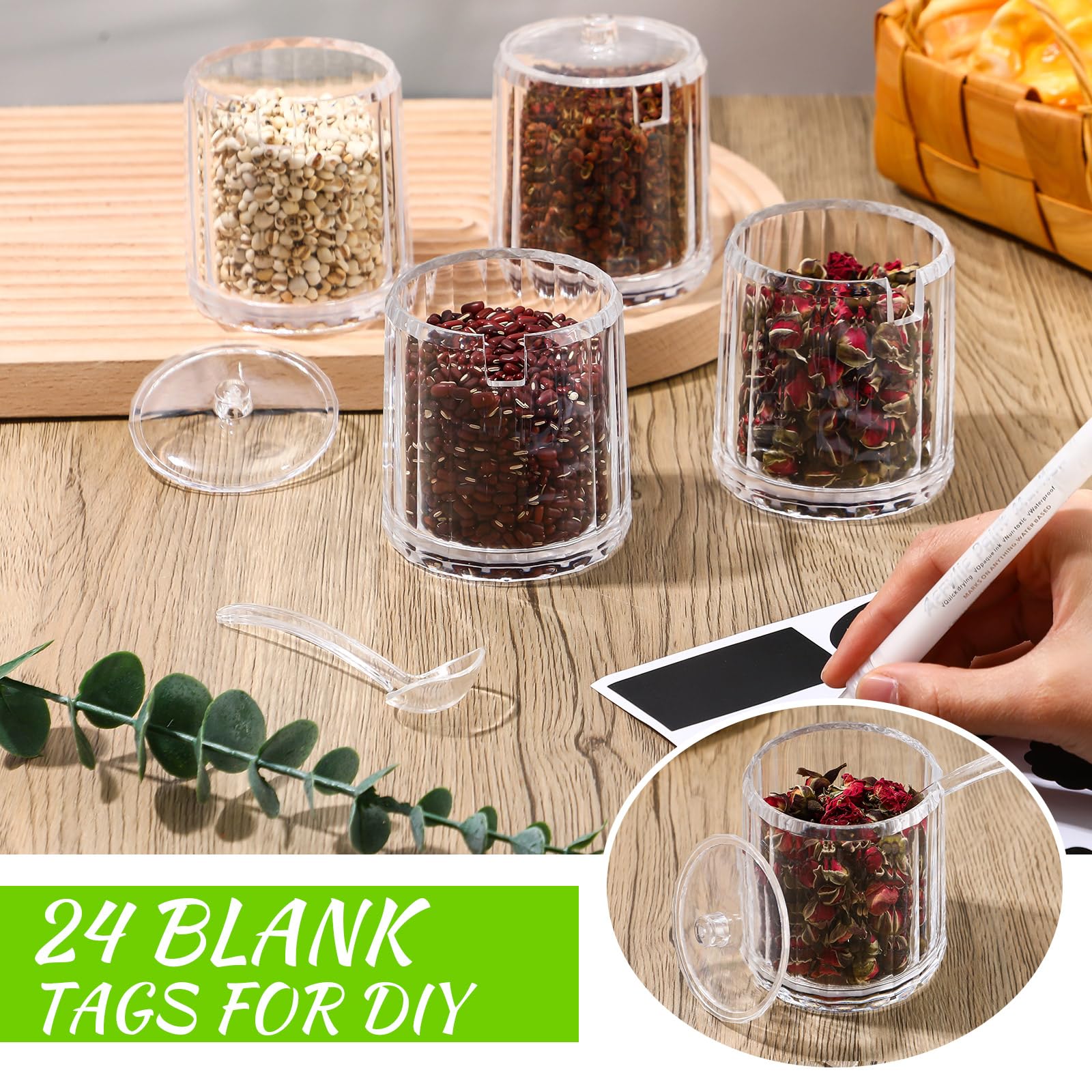 12 tazones de azúcar con tapa y cuchara, suministros de barra de chocolate con cacao caliente, tarros de azúcar acrílico transparente, dispensador de dulces con etiqueta para frascos de 5