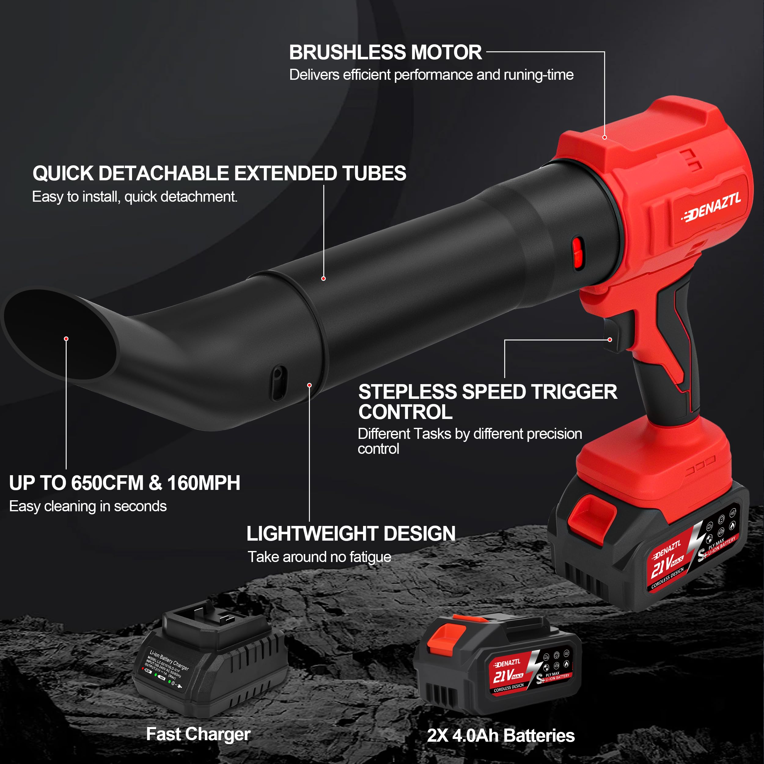Soplador de hojas inalámbrico con control de velocidad continuo, soplador de hojas de mano sin escobillas de 800000 RPM con 2 boquillas extendidas, cargador rápido y 2 sopladores alimentados por