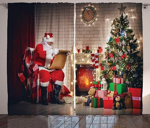 Ambesonne Cortinas de Papá Noel, viejo Papá Noel sentado en casa en la noche de Navidad leyendo una carta cerca del árbol, juego de 2 paneles de