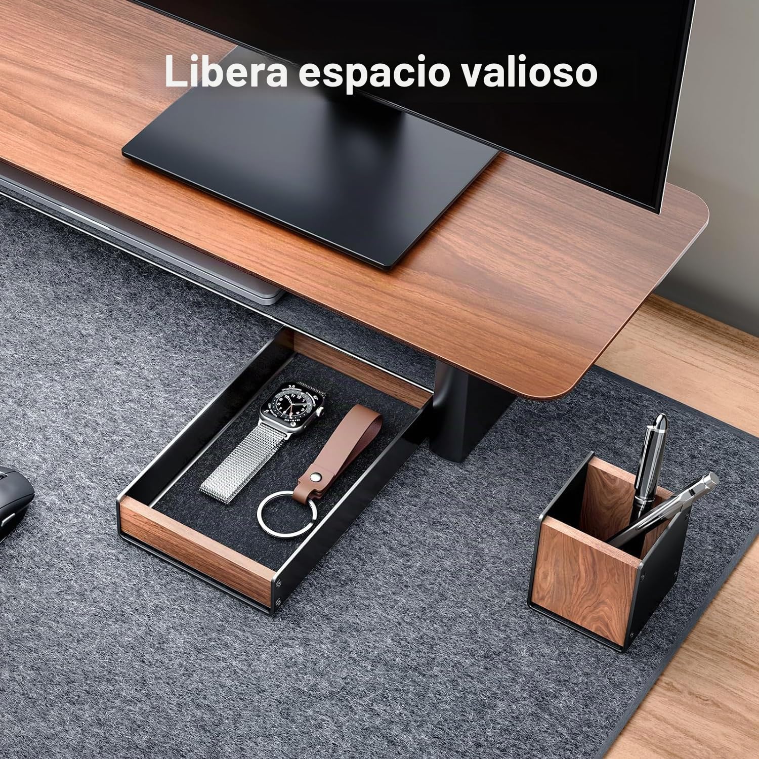 Bandeja de escritorio de madera de nogal con juego de portalápices, bandeja organizadora de oficina de madera natural y aluminio para llaves, bolígrafo, watch