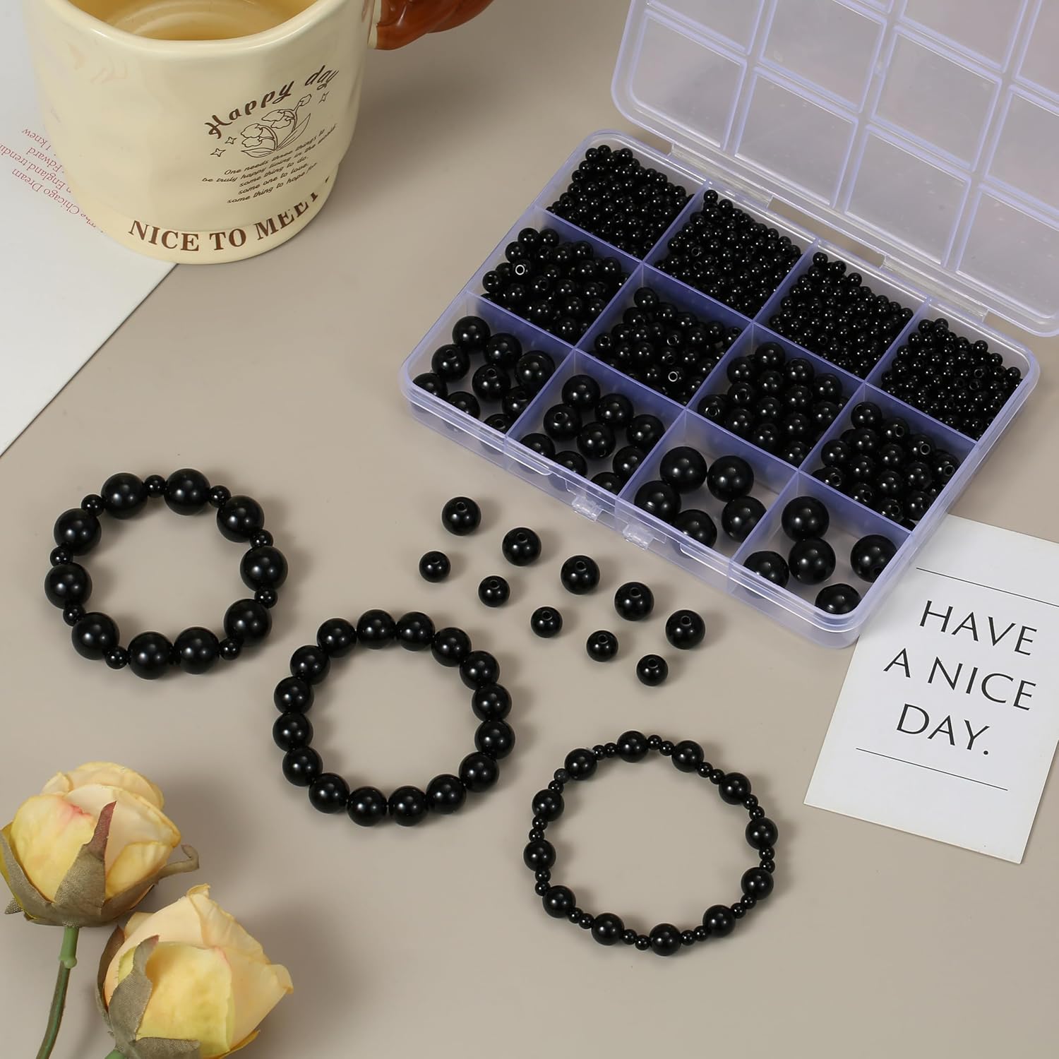 1200Pcs Black Beads, Acrylic Pony Beads, 4/6/8/10/12mm Round Smooth Bead for Bracelets, Spacer Pearl Craft Beades for Bracelet Necklace Jewelry Making (Black) - Image 8