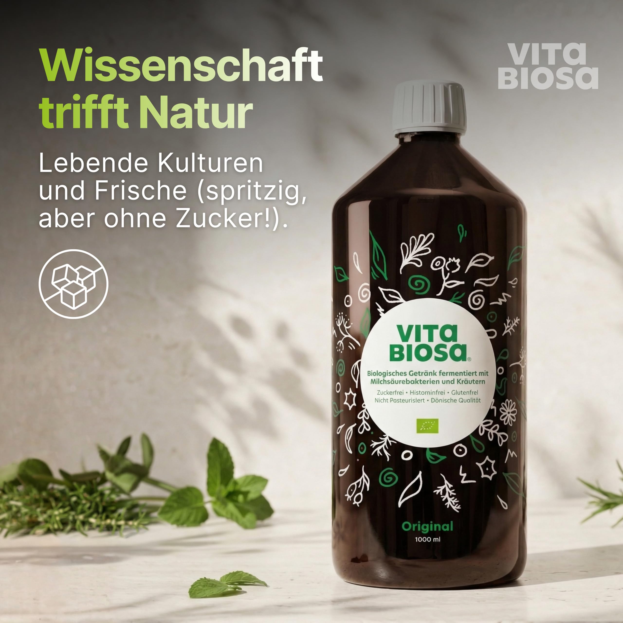 Vita Biosa Kräuter Bio Fermentgetränk 1 L – frisch und sauer – aktiven Milchsäurekulturen und 19 Kräutern aus kontrolliert biologischem Anbau – vegan, zuckerfrei, laktosefrei, Bio-Qualität