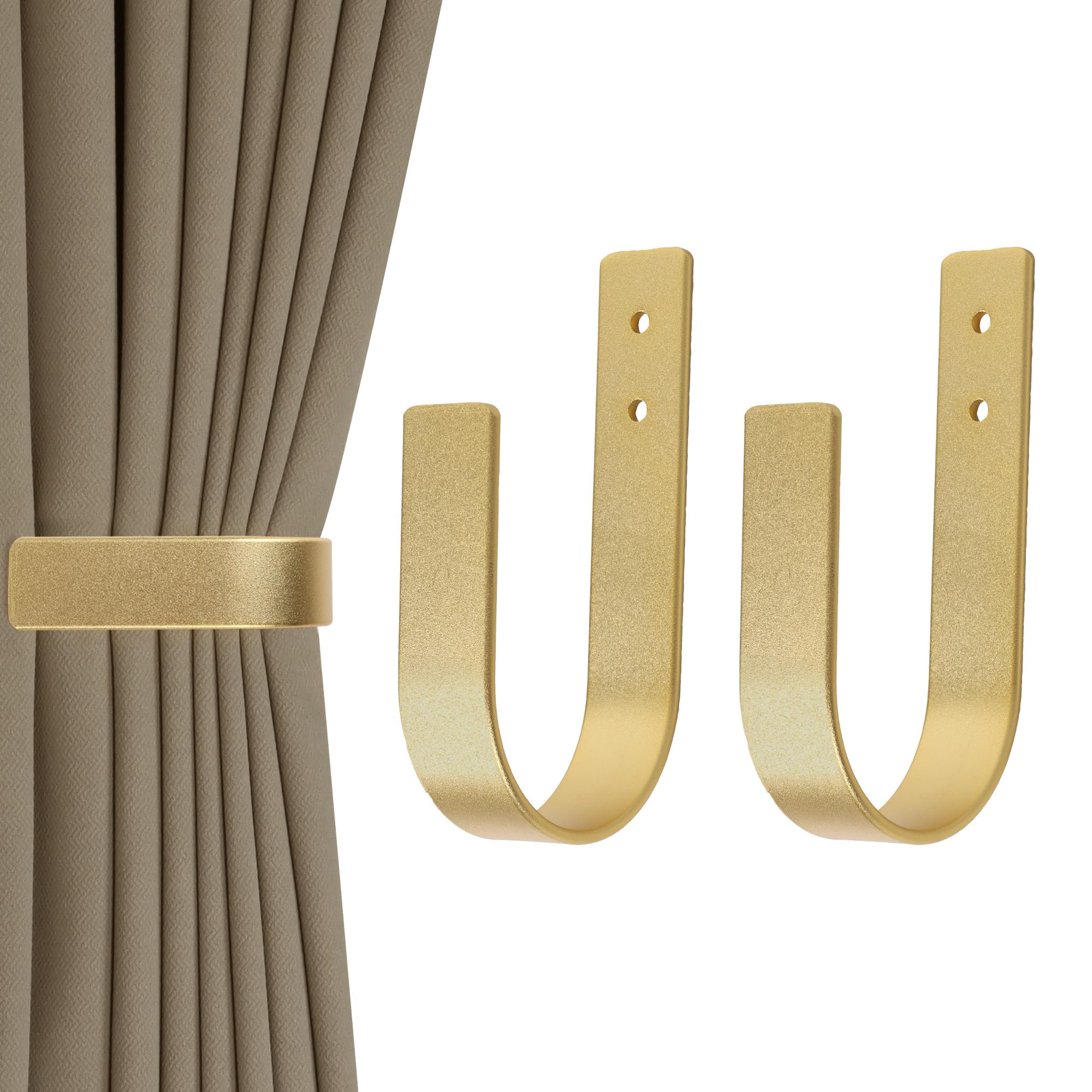 2 Pack Modern Curtain Holdbacks Curtain Tiebacks Wall Mount Solid Aluminum U Shaped Curtain Wall Hooks Curtain Pull Backs Curtain Holders Curtain Tie Backs for Curtain (2, Gold)