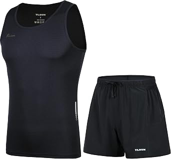 TLRUN Mens Running Singlet and Shorts Ultra Lightweight Marathon Sets Quick Dry Workout Gym SuitBlack Medium