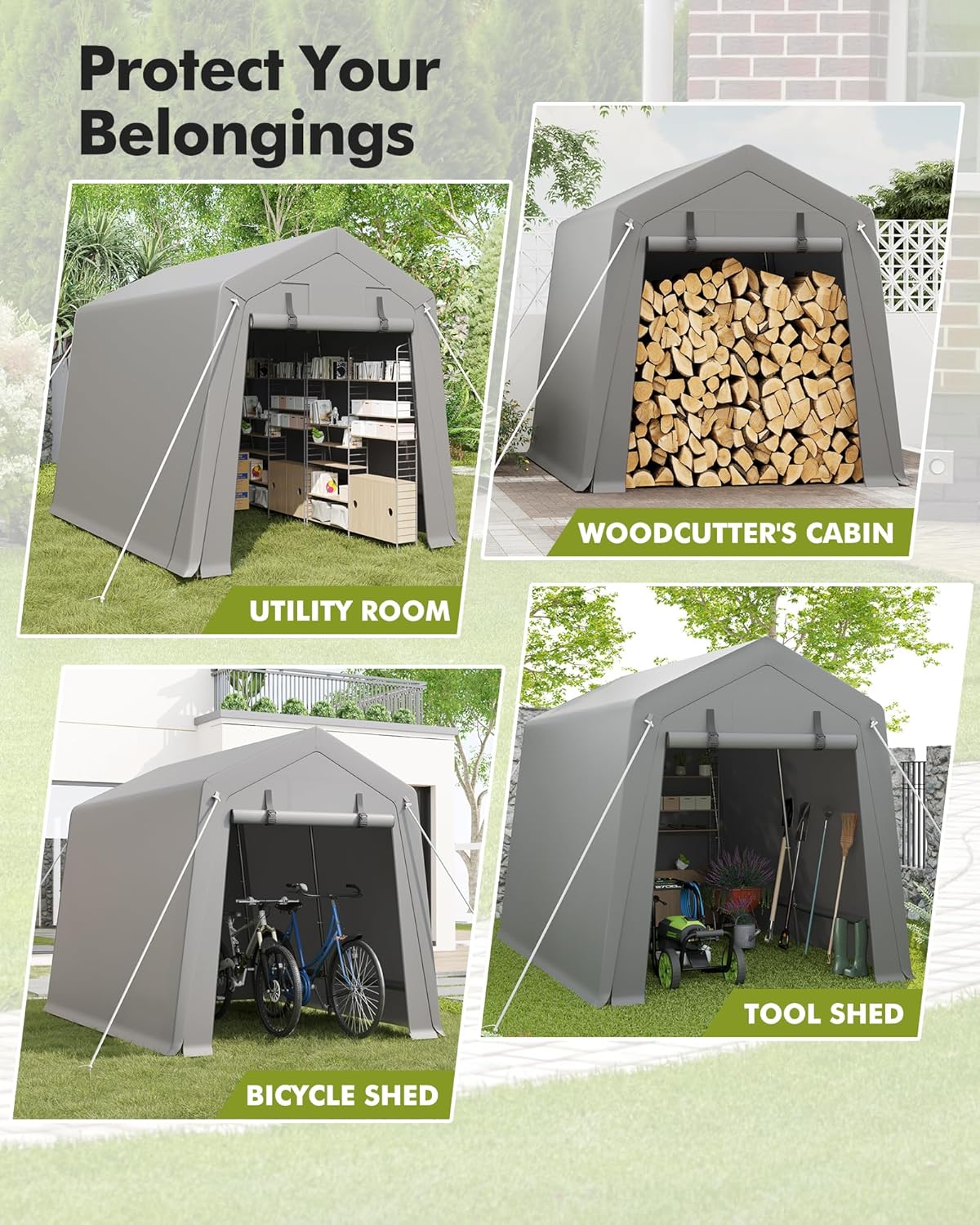 Portable Carport Storage Shed, 6' x 8' Motorcycle Tent, Waterproof & UV-Resistant with Roll-Up Zipper Doors, Gray Outdoor Shelter for Bikes, Tools & Equipment - Image 7