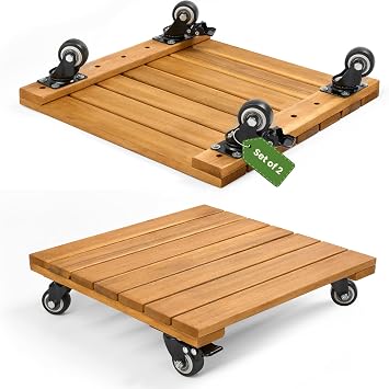 Jurax Wood Plant Caddy with Wheels – Heavy Duty Plant Dolly Holds Up to 286 lbs, 360° Lockable Casters, Rolling Plant Stand Indoor Outdoor for Large Pots – 2 Packs, Square-Golden Teak