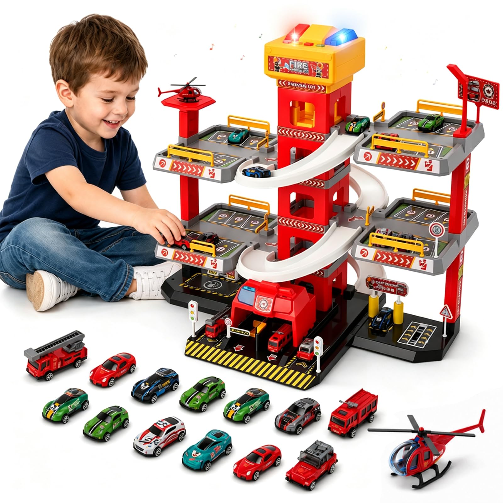Garage parcheggio a 5 piani per bambini, camion dei pompieri con ascensore, stazione di servizio e piazza di atterraggio degli elicotteri, 10 auto in metallo, 4 auto in lega e 1 elicottero, garage